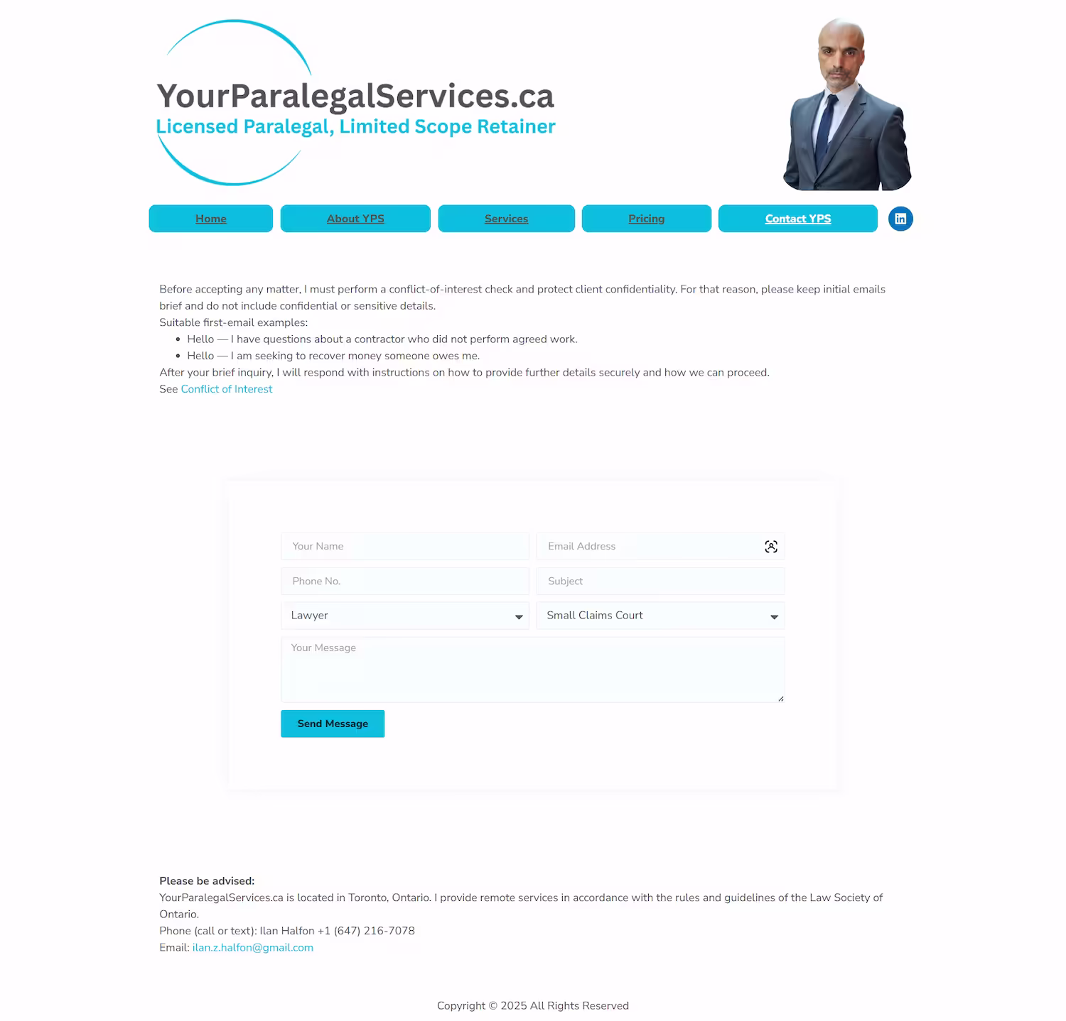 Small Claims Court practice area section on paralegal website project