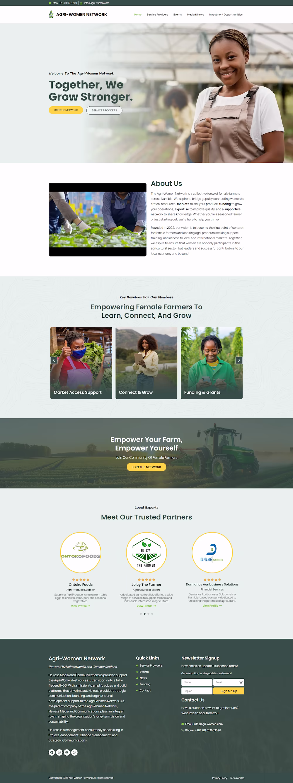 Agri-Women Network homepage with motto Together we grow stronger and Namibian female farmer imagery