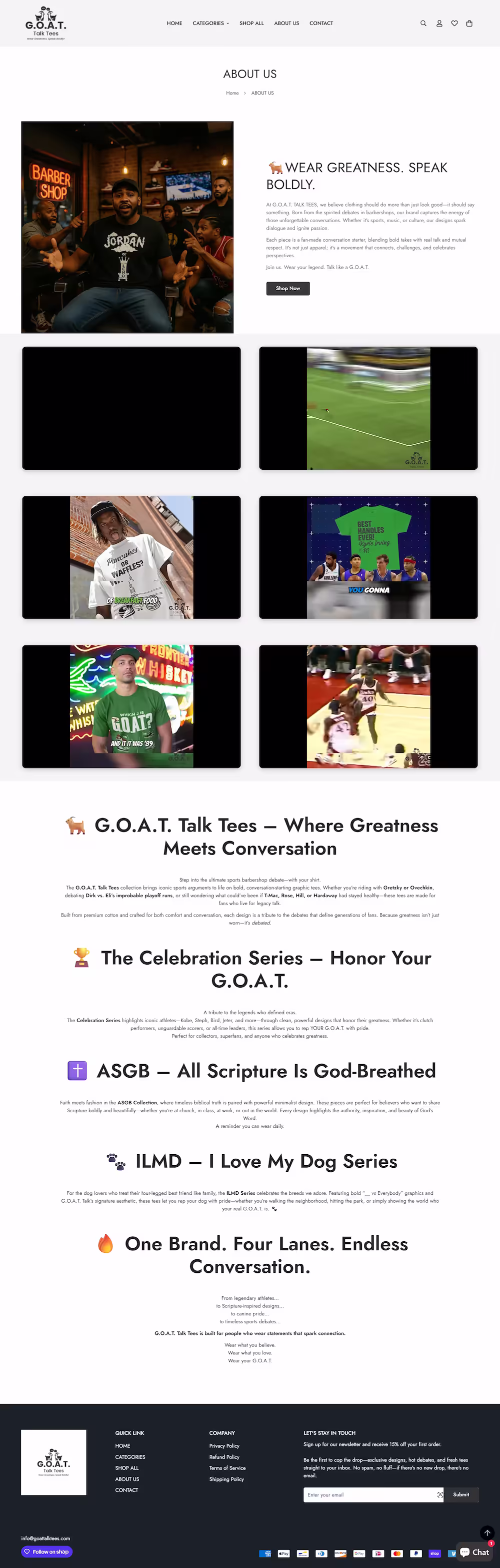 Newsletter signup section offering 15% off first order with no-spam brand promise — GOAT Talk Tees