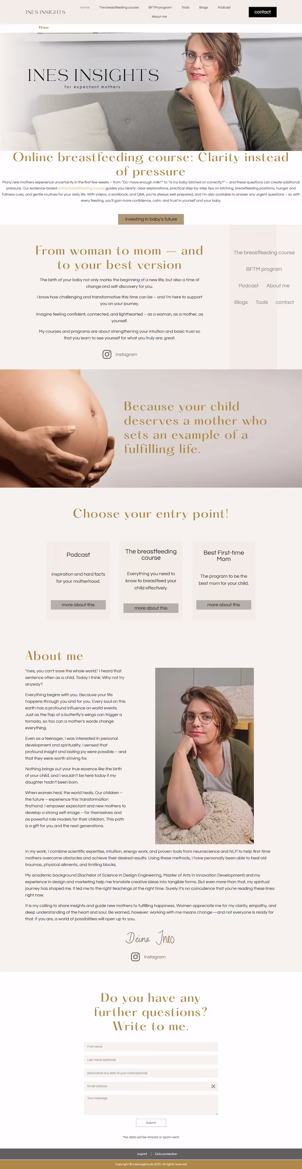 Ines Insights homepage hero with German-language breastfeeding course headline and expectant mother imagery