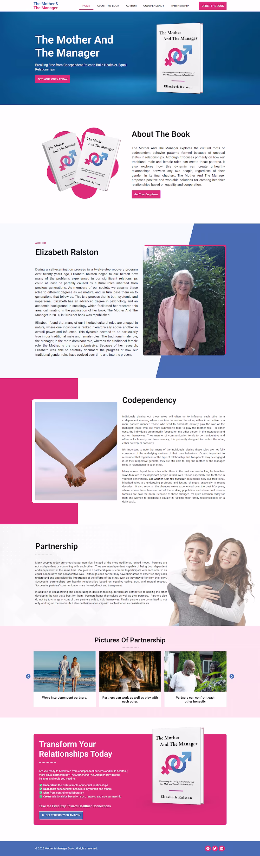 The Mother and The Manager landing page with book cover and Breaking Free from Codependent Roles headline — Elizabeth Ralston