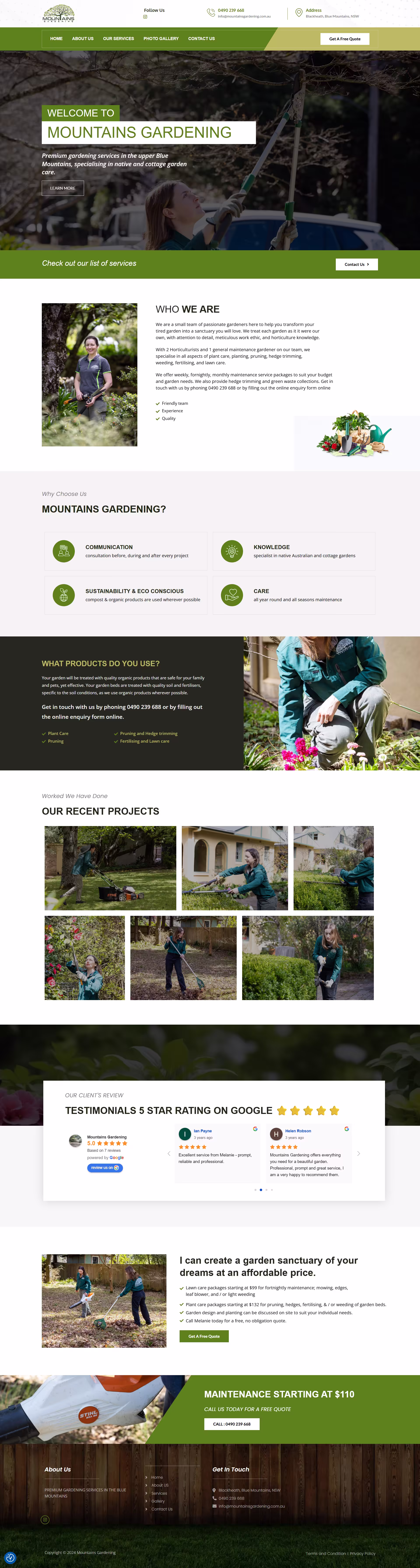 Mountains Gardening homepage hero with premium native garden care headline and Blue Mountains setting