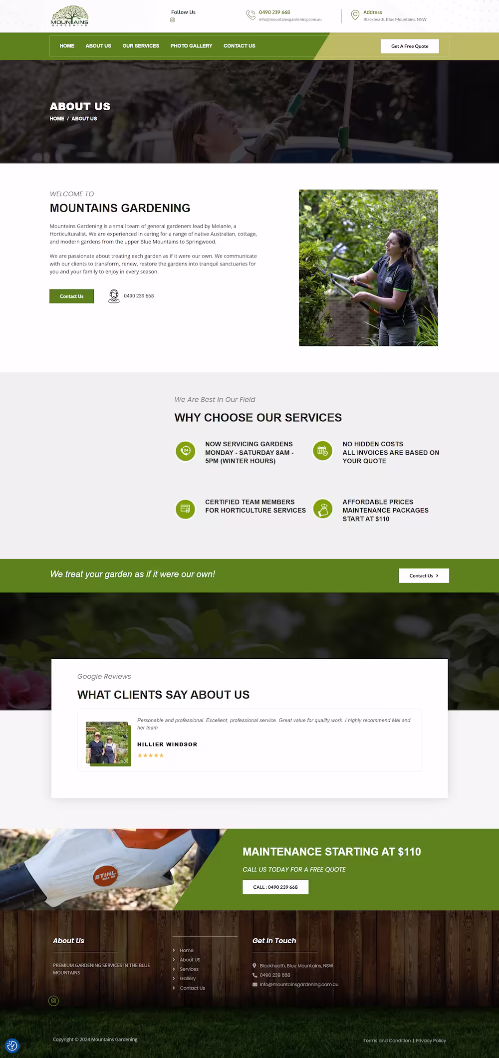 Who We Are section introducing two horticulturists and general maintenance gardener — Mountains Gardening