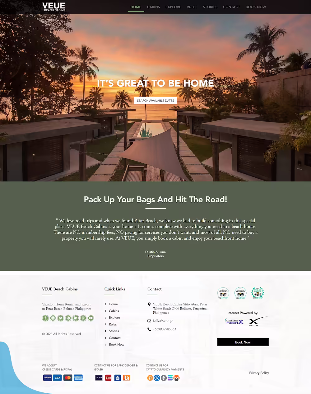 Veue Beach Cabins homepage hero with beachfront cabin view and It's Great to Be Home headline — Bolinao Philippines