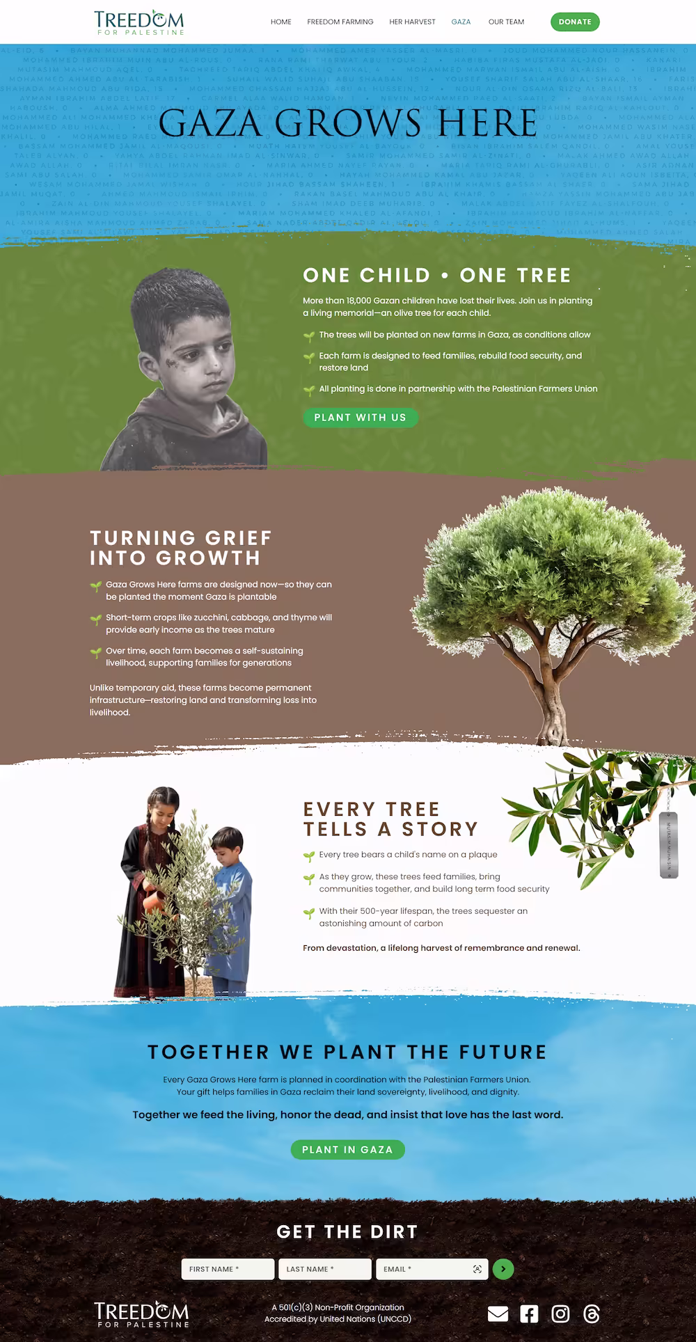 How Freedom Farms Work section showing 250 olive trees, drip irrigation, and fencing components — Treedom for Palestine