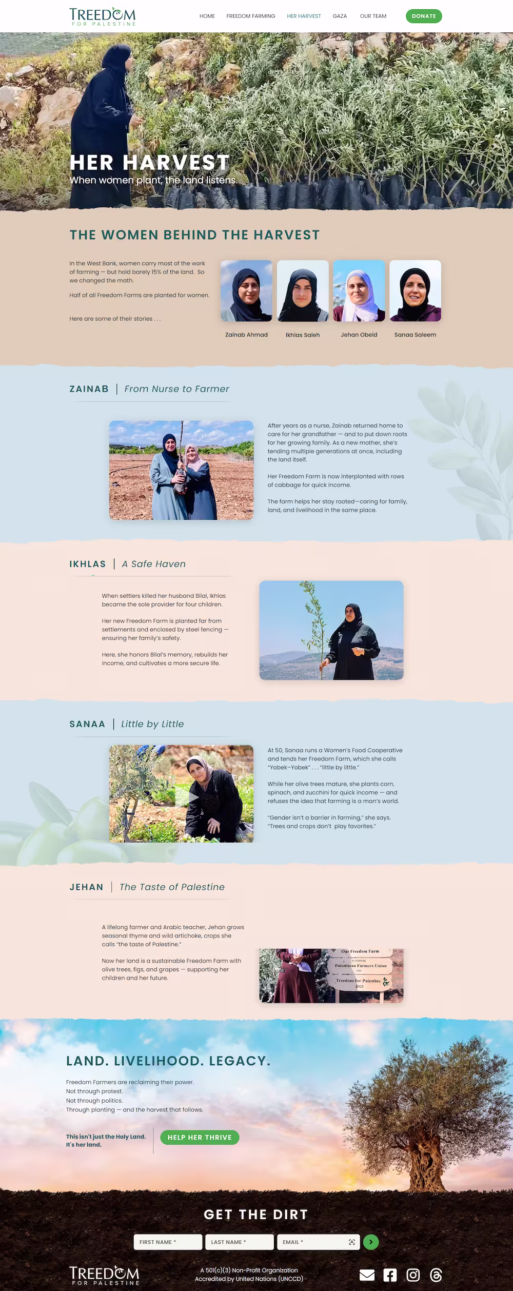 Her Harvest programme page for women-focused olive farm planting — Treedom for Palestine
