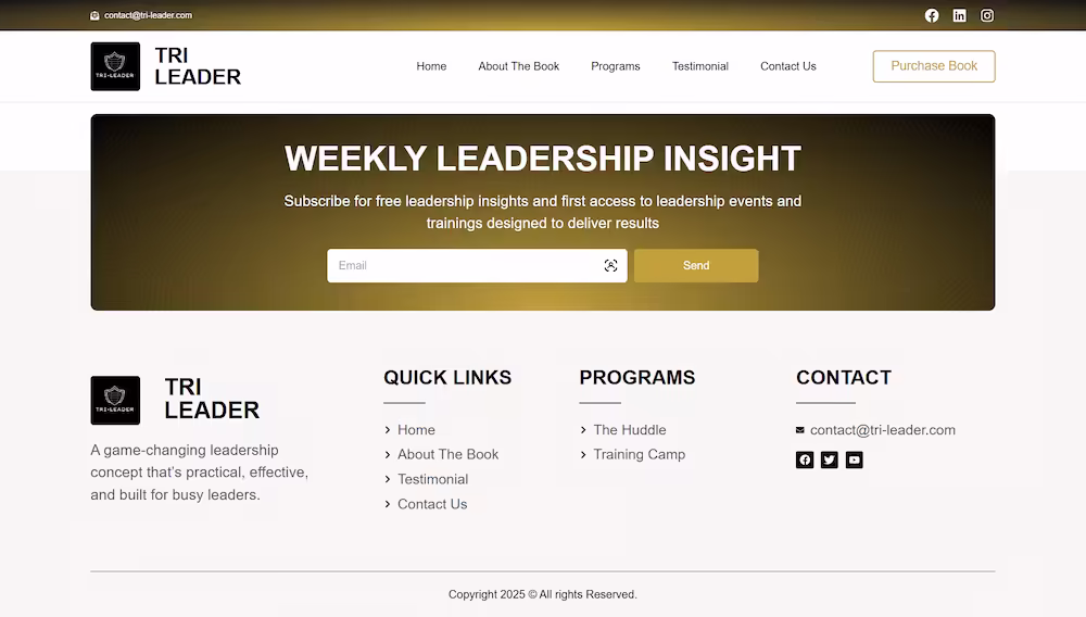 About the Book section describing the Tri-Leader playbook by Decha Brooks — Tri-Leader