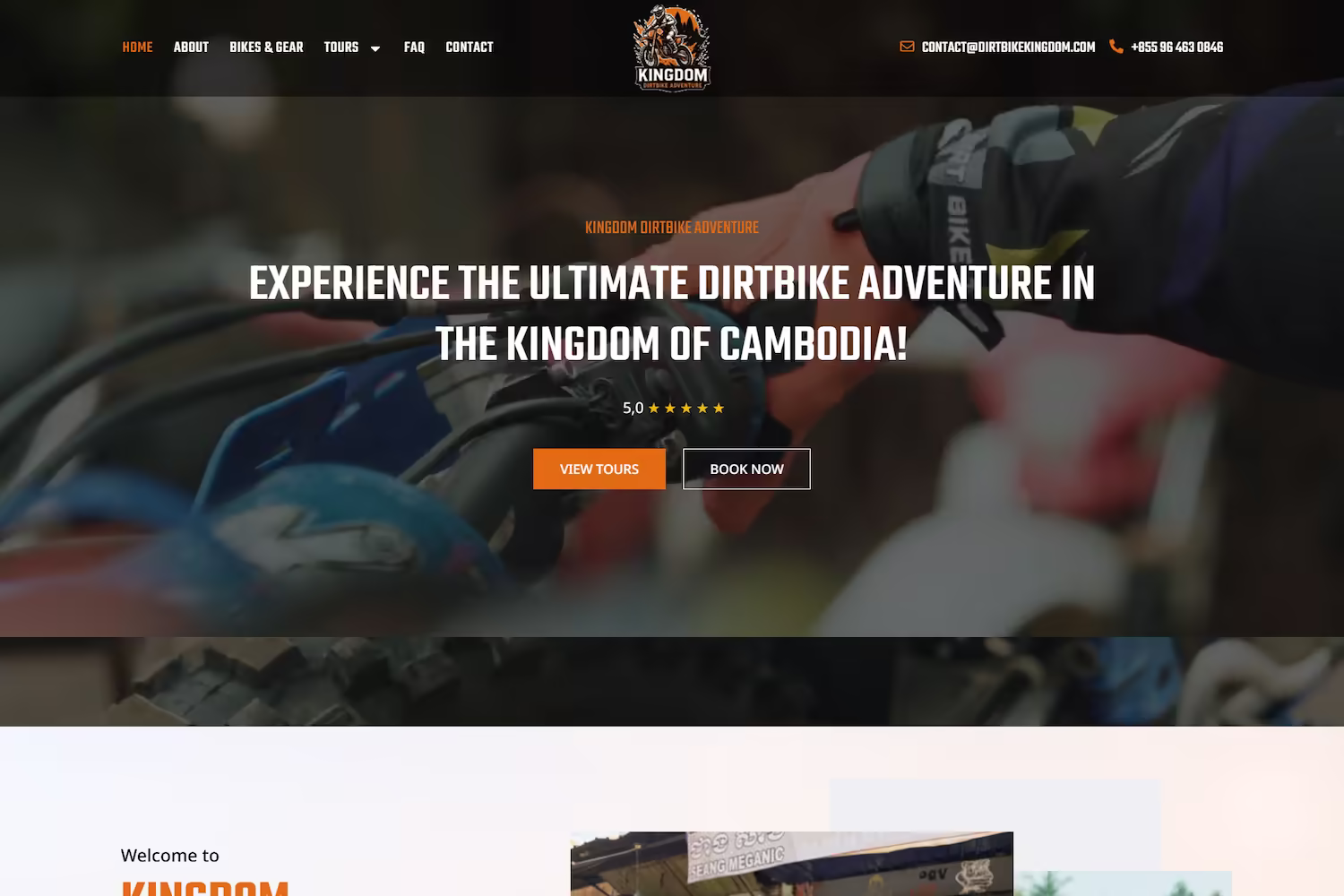 Homepage hero with five-star rating and Cambodia trail, Kingdom Dirtbike