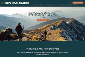 Social Nature Movement homepage hero section showcasing New Zealand outdoor adventure activities