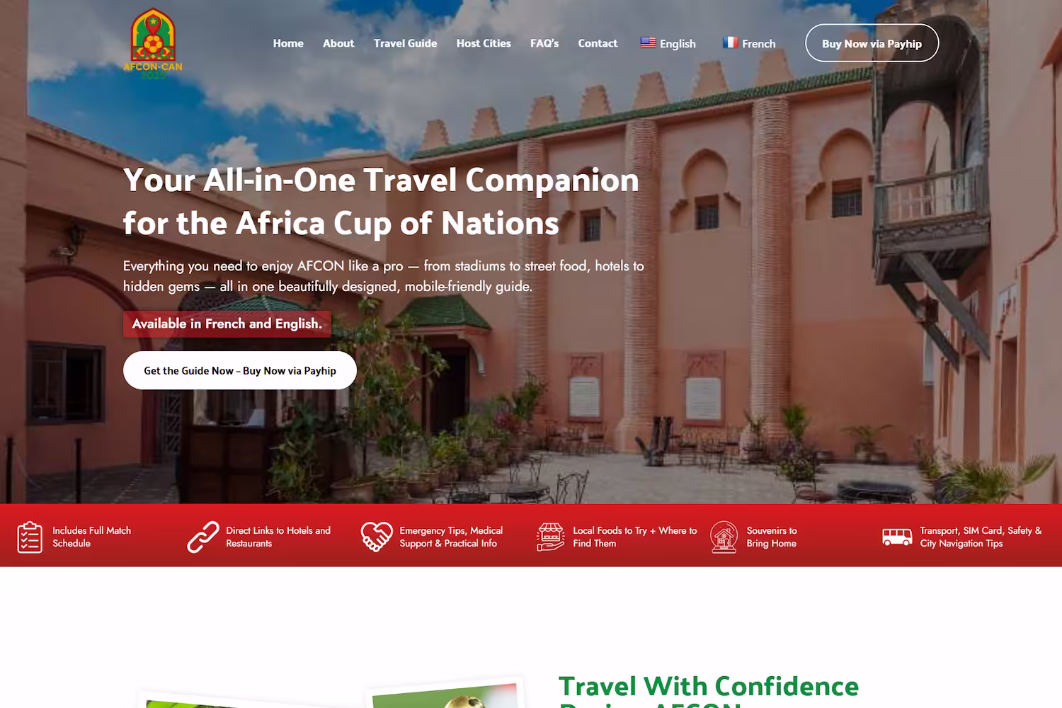 Six-feature icon row highlighting match schedule, hotel links, and emergency tips — CAN-AFCON Guide