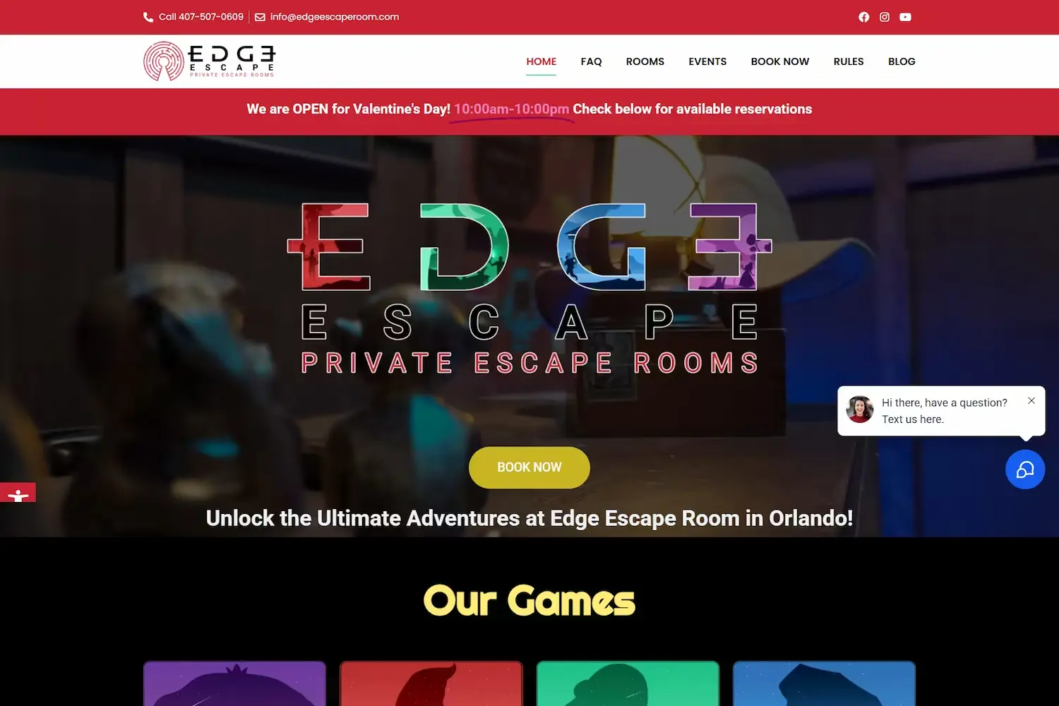 Edge Escape Room homepage hero section with headline Unlock the Ultimate Adventures and Book Now CTA — Edge Escape Room