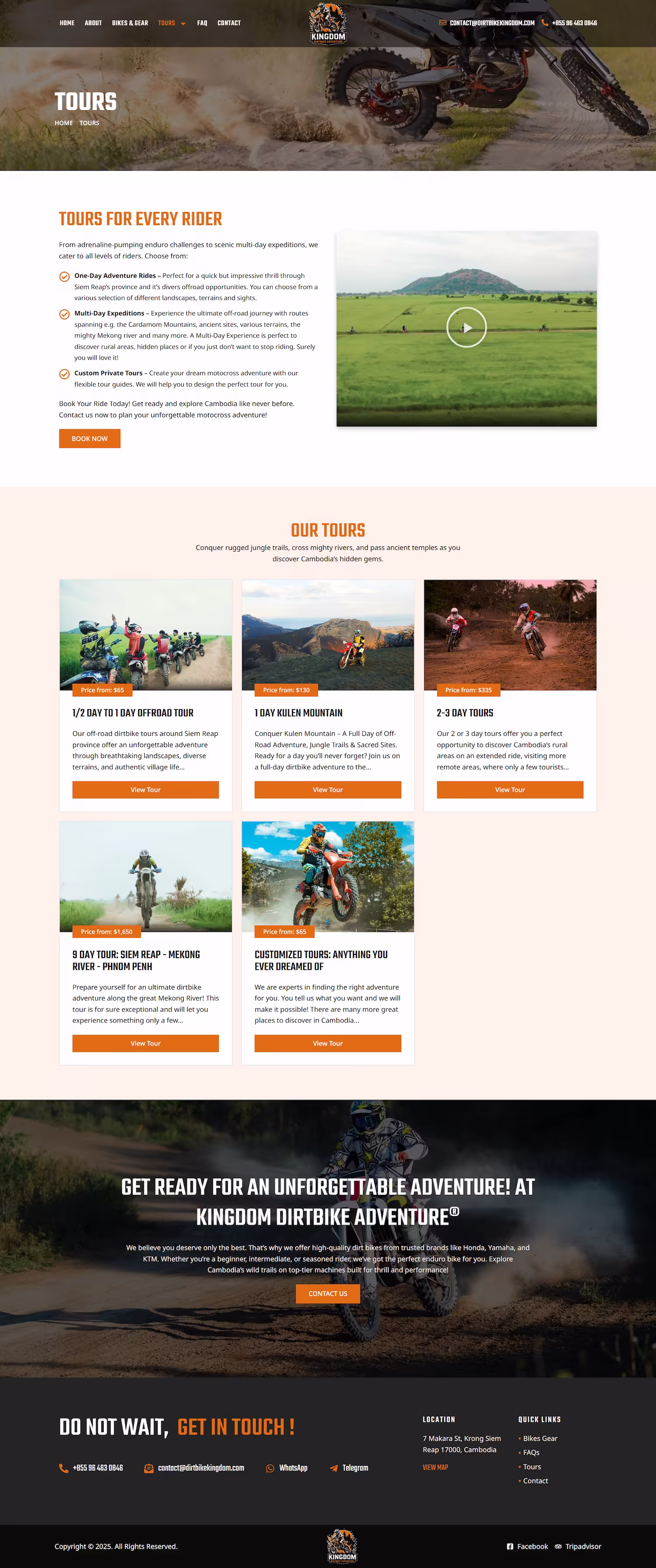 Tours page with five packages from half-day to nine-day Mekong expedition