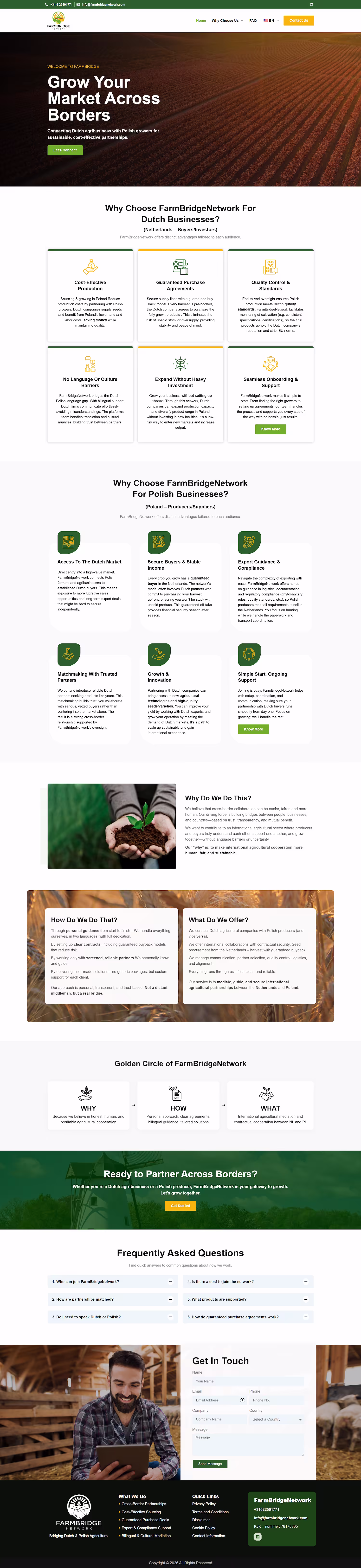 FarmBridge Network homepage hero with Grow Your Market Across Borders headline