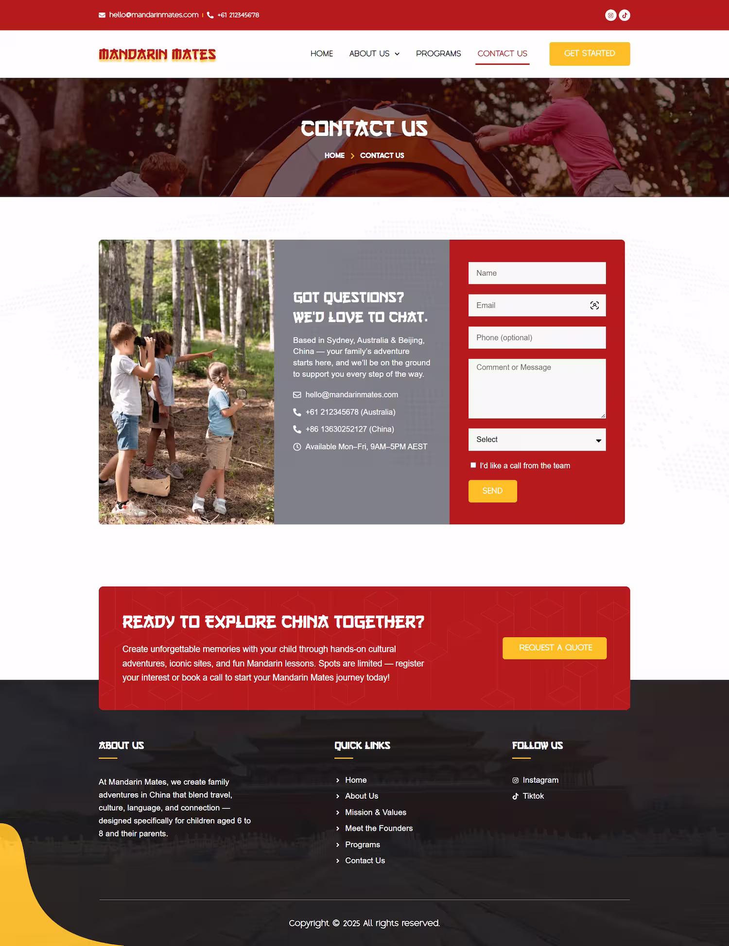 Contact and enquiry section with call to action for families to register interest — Mandarin Mates