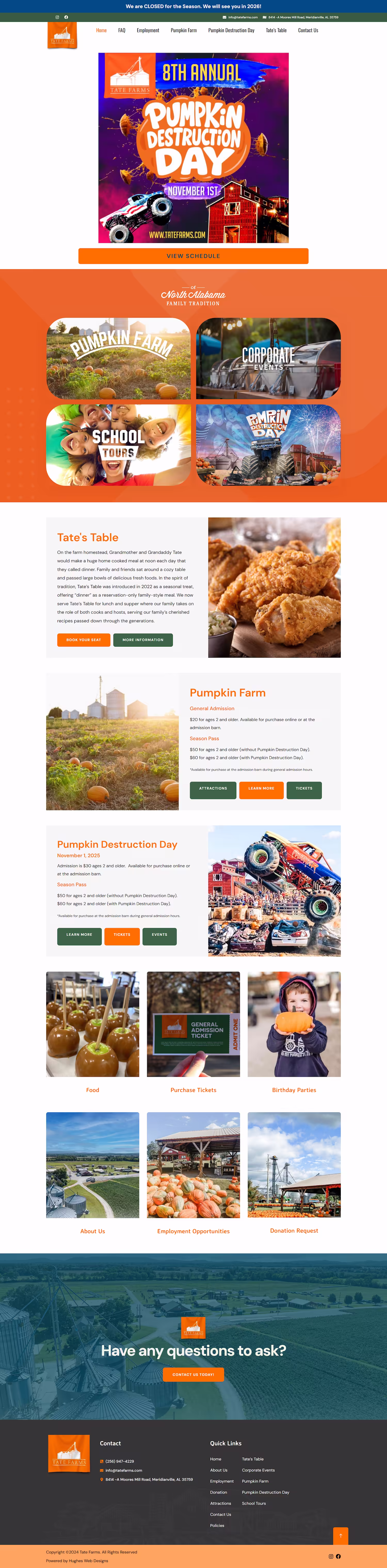 Tate Farms homepage hero with seasonal pumpkin farm imagery and schedule call to action — Tate Farms Alabama