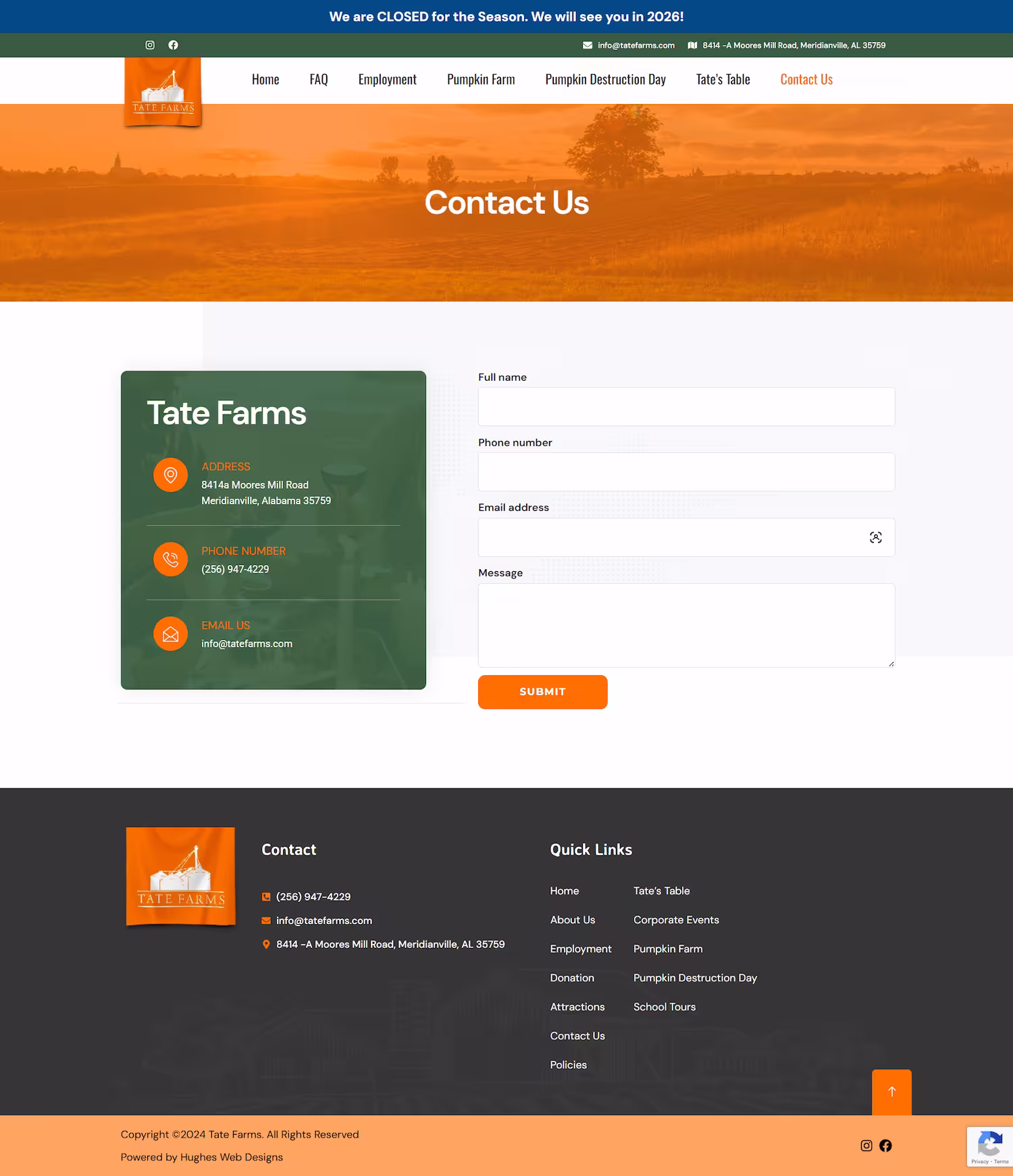Tate Farms homepage hero with seasonal pumpkin farm imagery and schedule call to action — Tate Farms Alabama