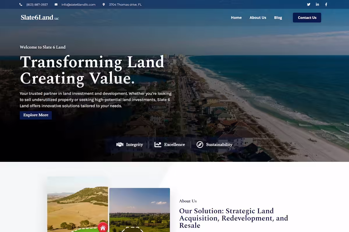 Contact form and CTA — sell or invest, Slate 6 Land LLC website