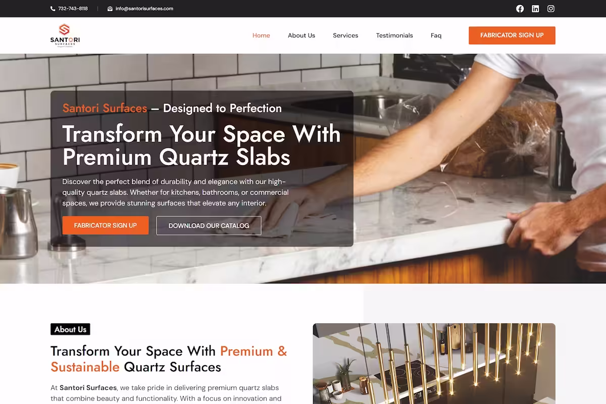 Santori Surfaces hero — premium quartz slab landing page, New Jersey