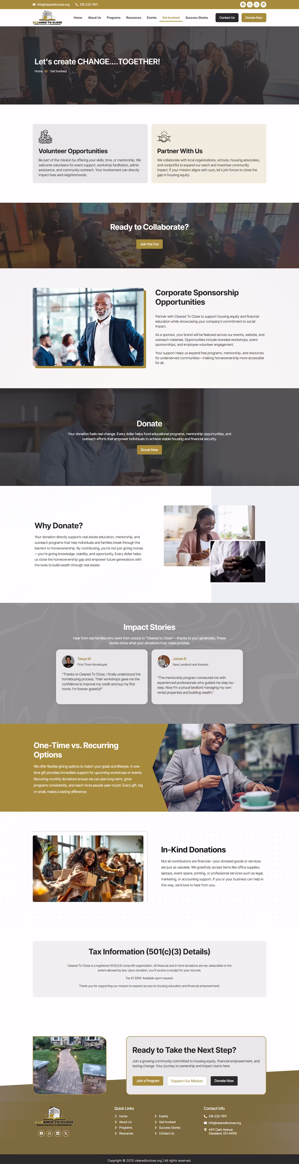 Donate and get involved page — Cleared To Close nonprofit website