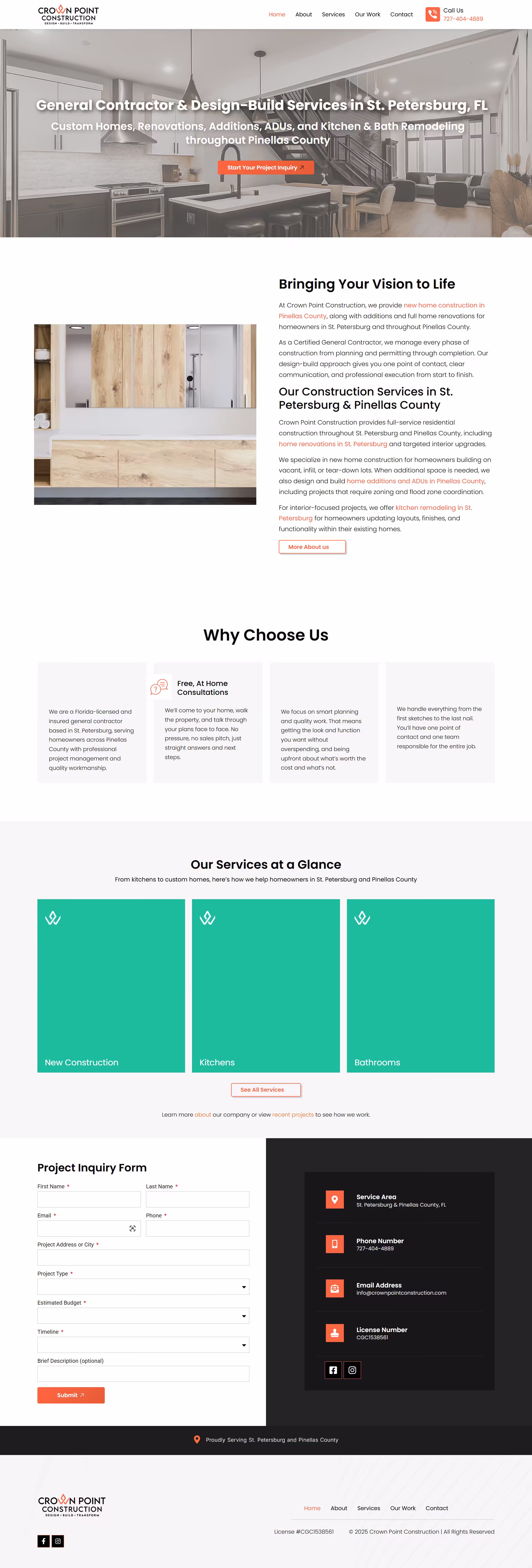 Crown Point Construction homepage — general contractor WordPress site, St Petersburg FL