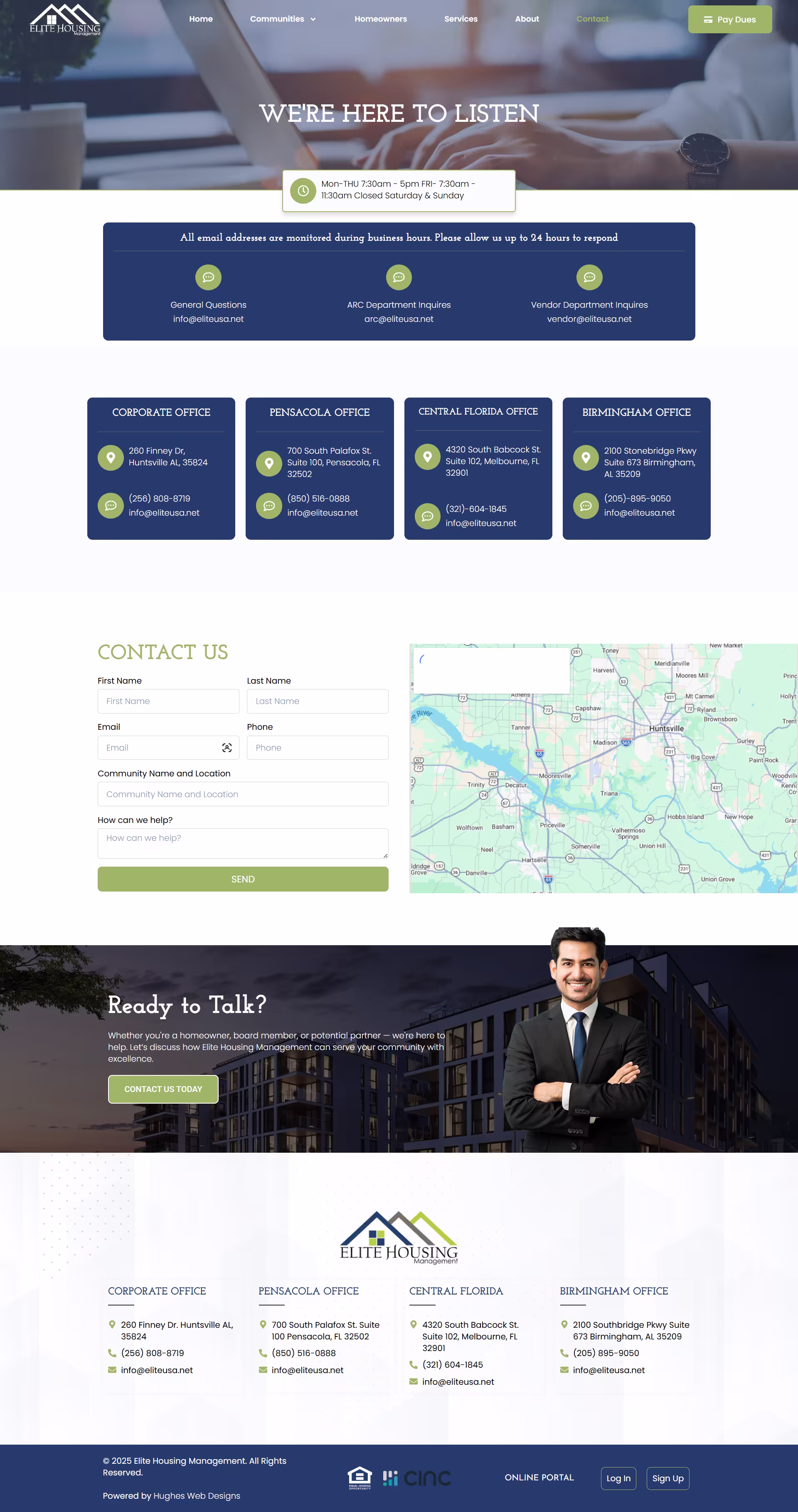 Multi-office contact page — Huntsville, Pensacola, Melbourne, Birmingham