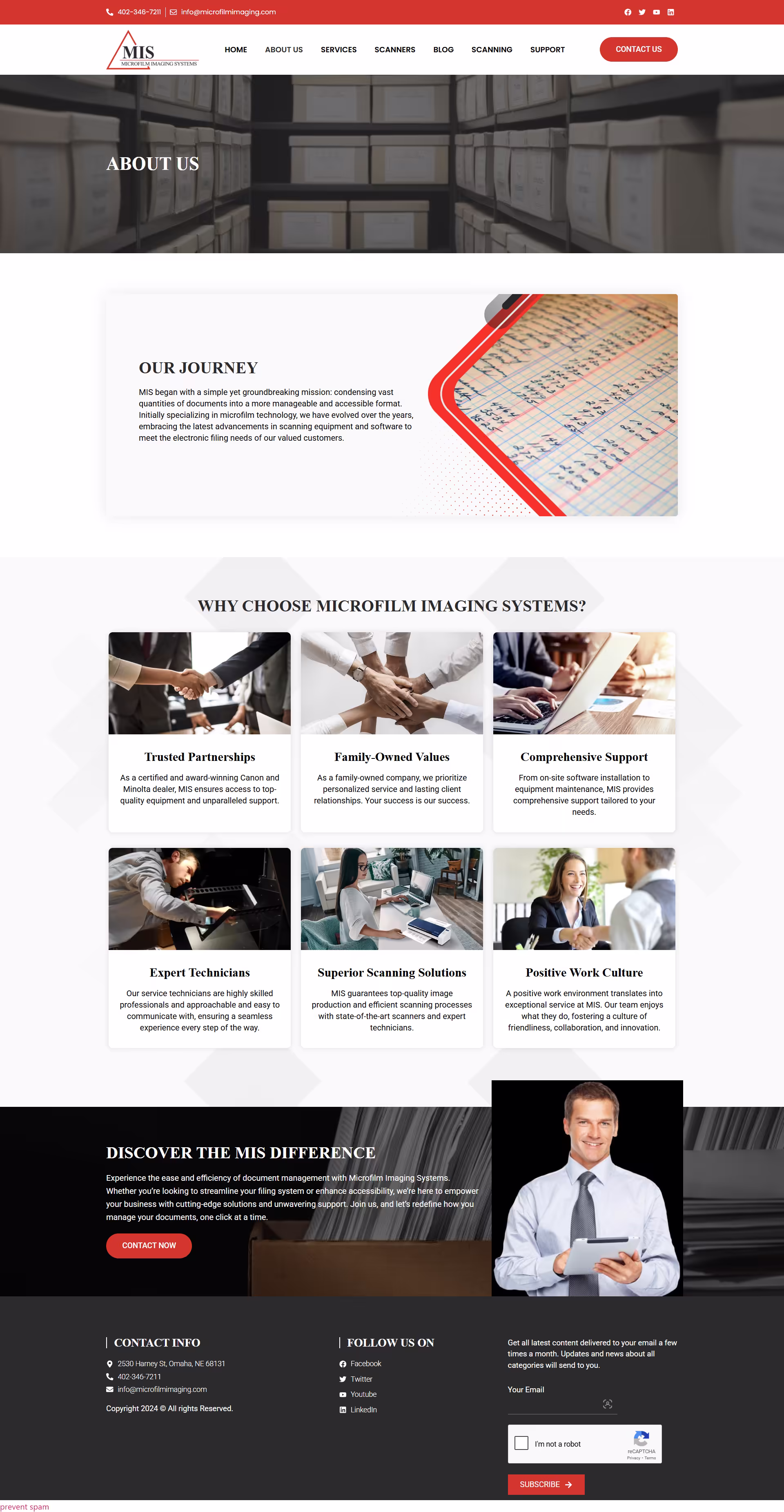 Services grid — document scanning, microfilm conversion, equipment rental, MIS