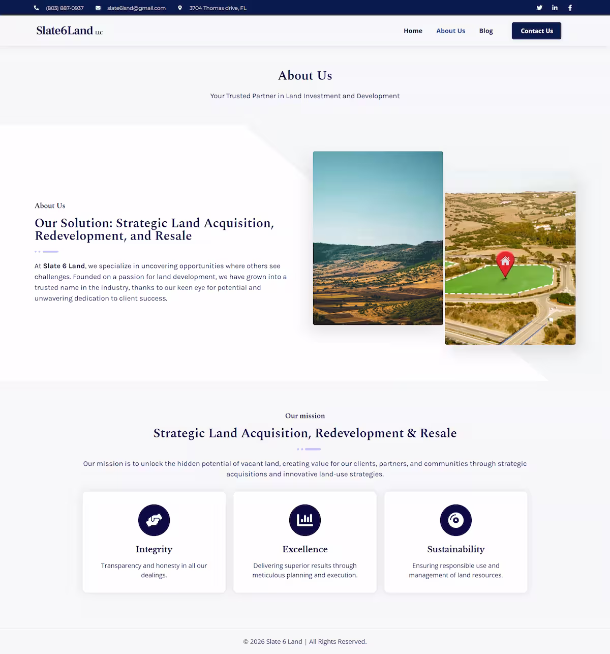 About page — strategic land investment approach, Slate 6 Land LLC