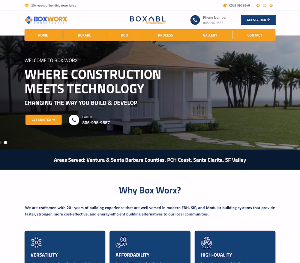 Box Worx hero band with BOXABL dealer authorised banner and California focus