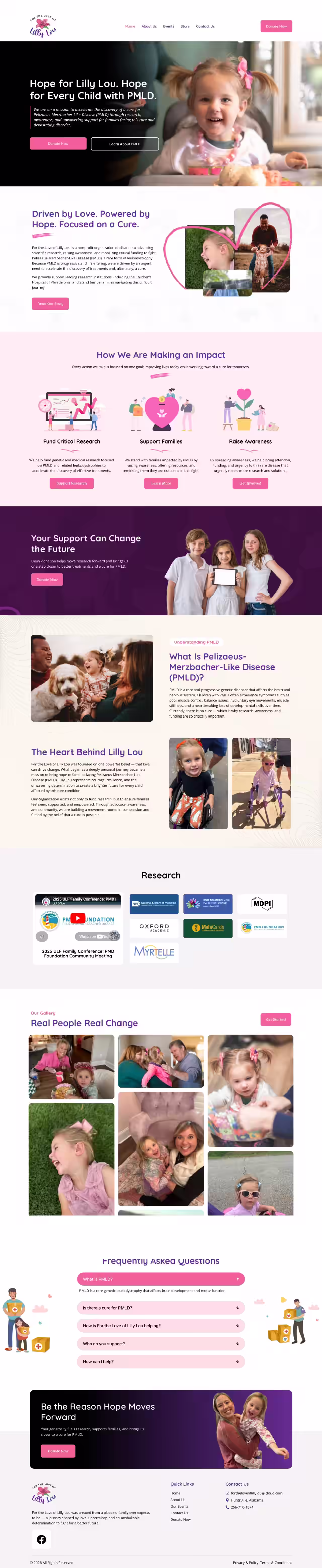 For The Love Of Lilly Lou rare disease nonprofit homepage with hope messaging