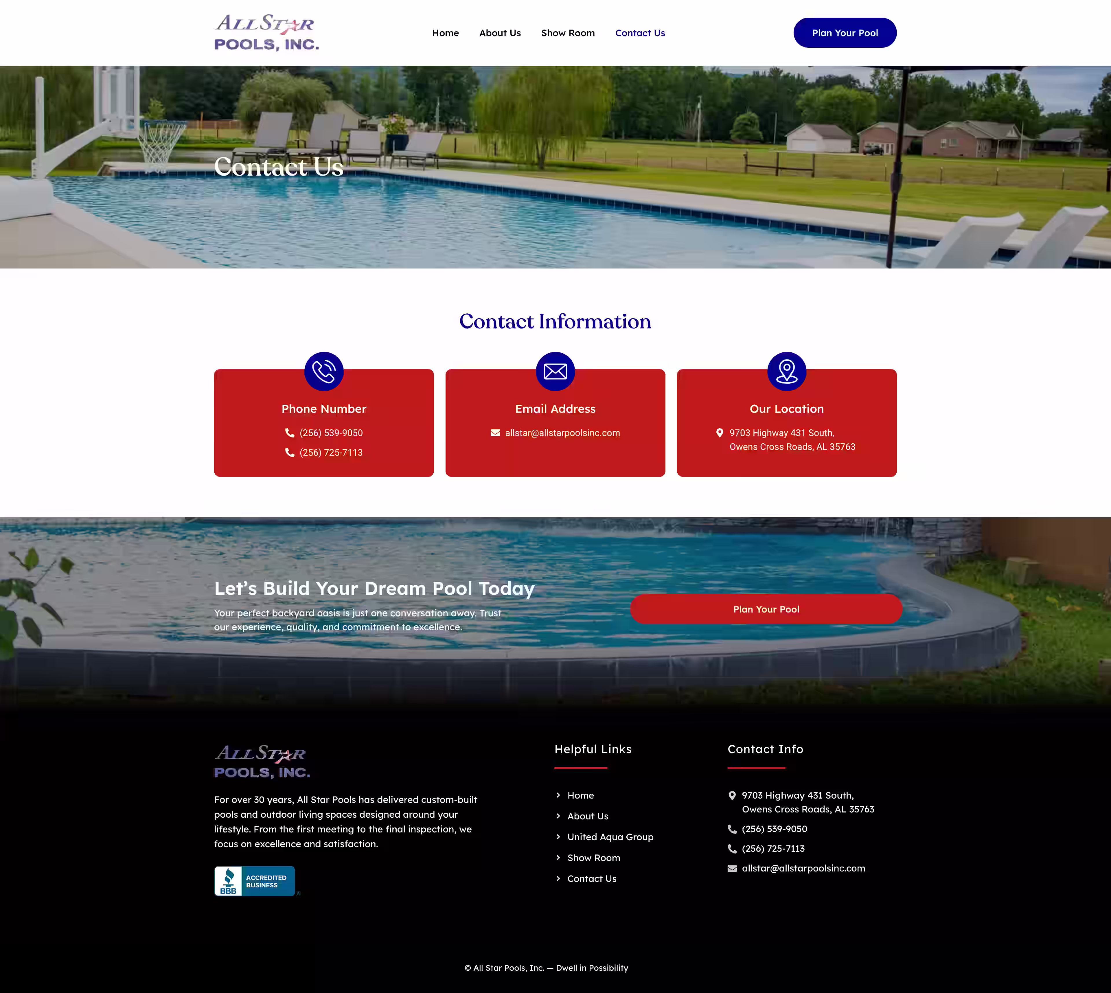 Outdoor kitchen and outdoor living page on All Star Pools custom builder