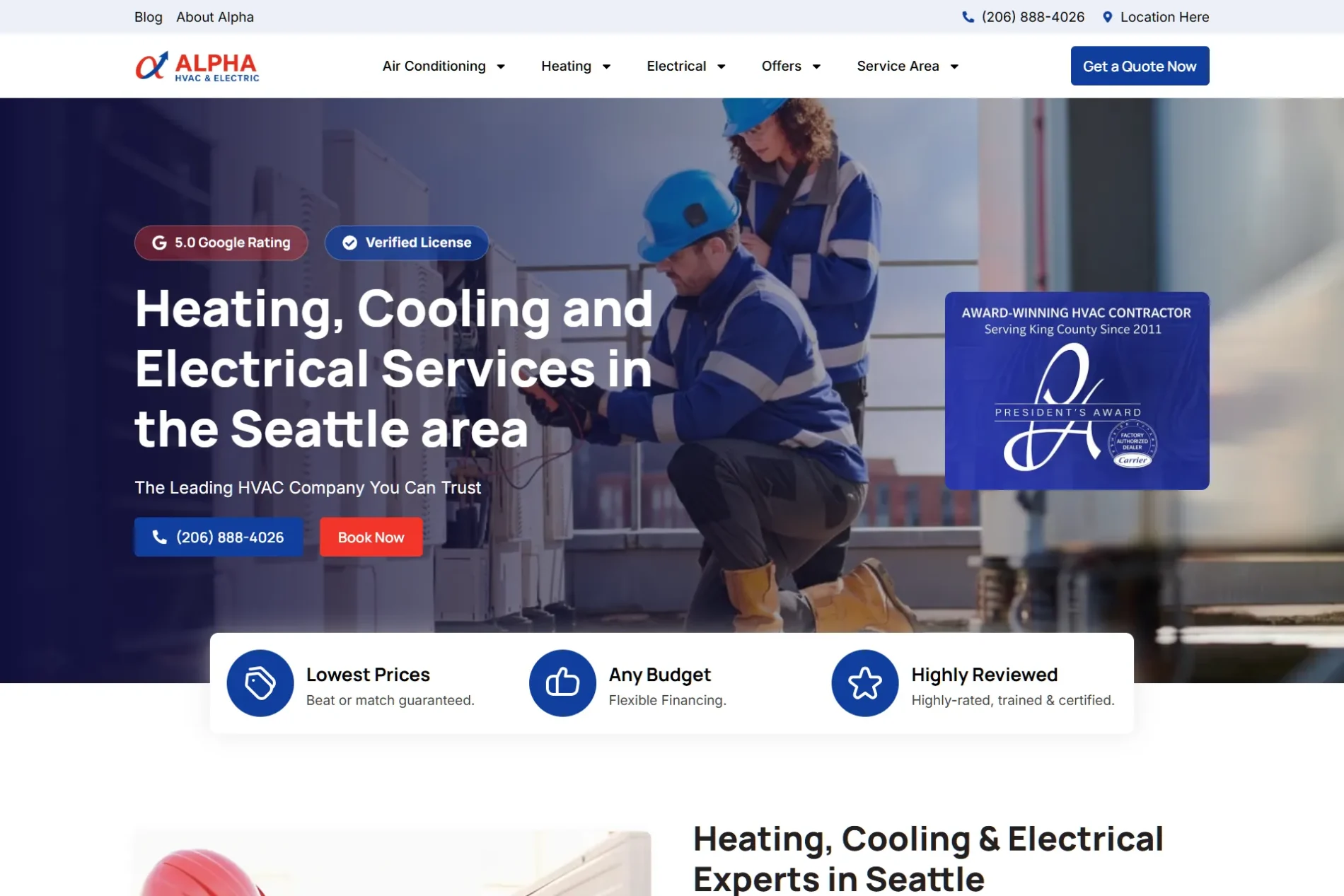 Alpha HVAC and Electric Seattle Washington combined services hero section view