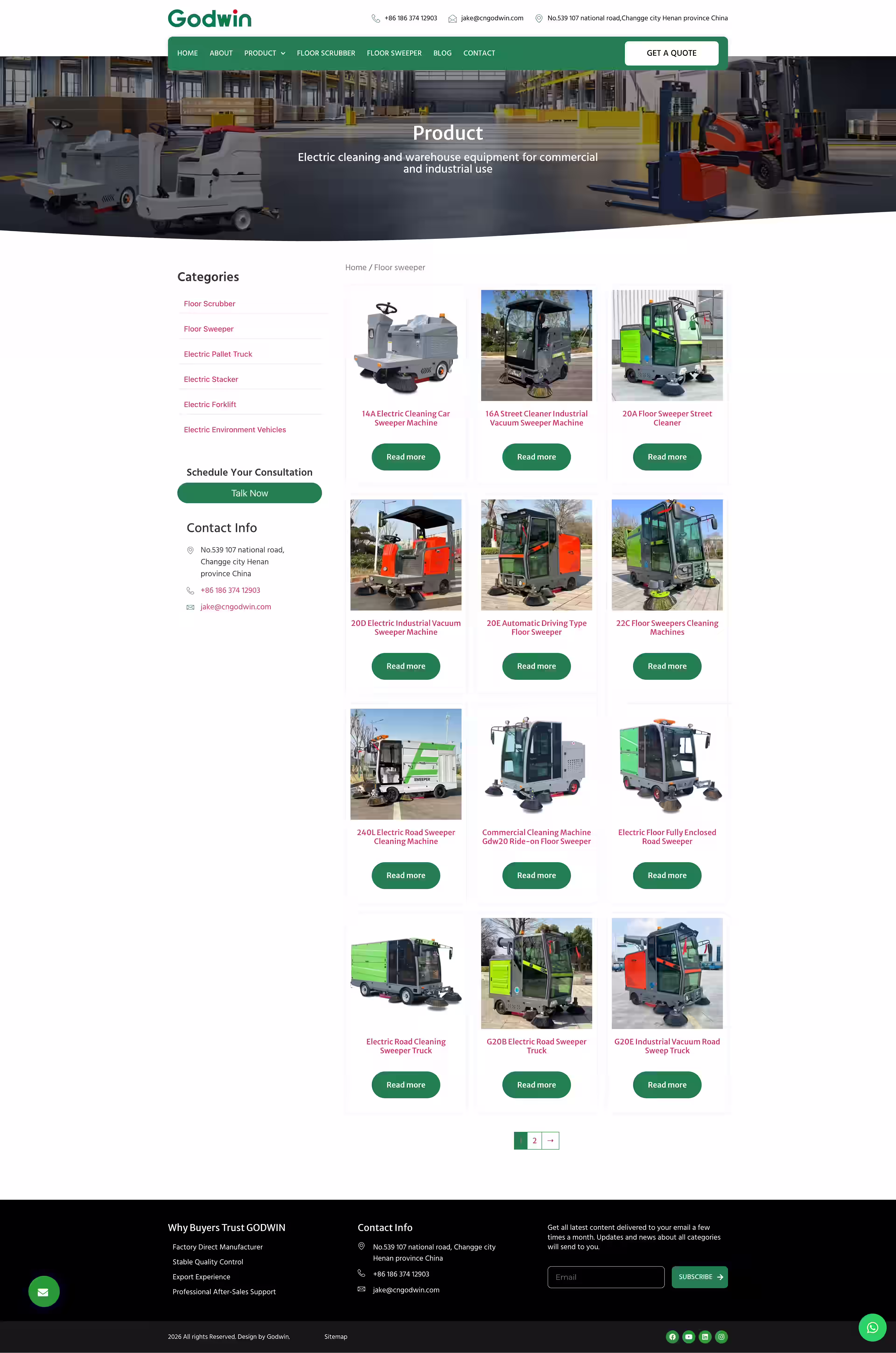 Floor scrubber product category page on Godwin industrial WordPress website