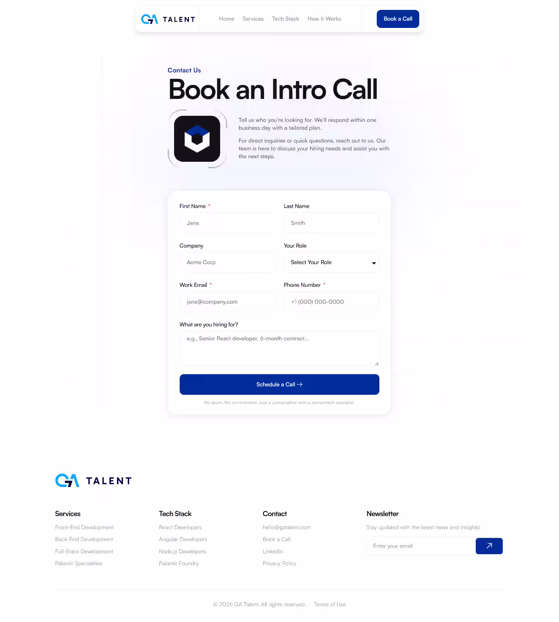 Get A Talent discovery call enquiry form on a mobile responsive view section
