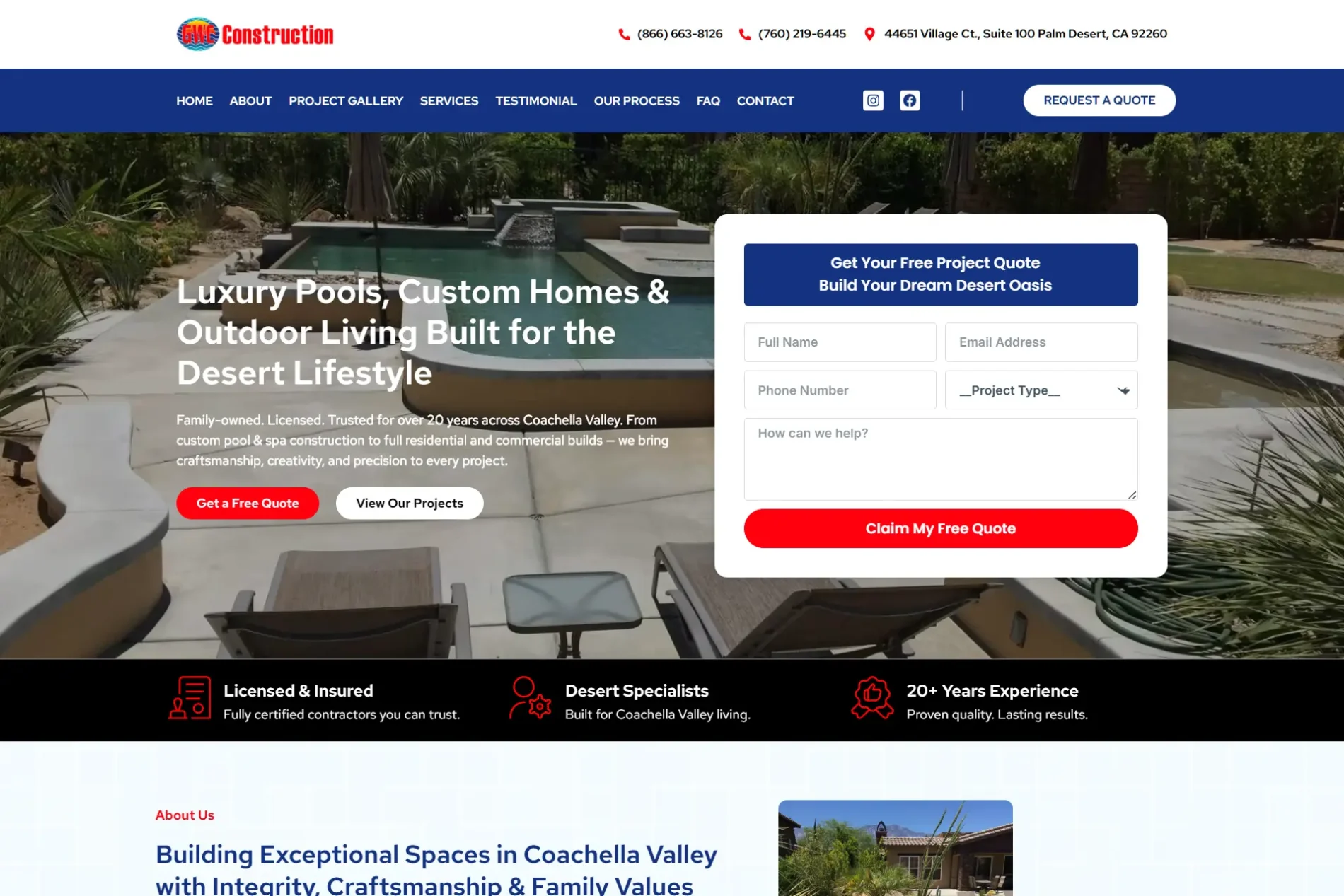 GWC Construction Palm Desert California luxury pool builder hero section view