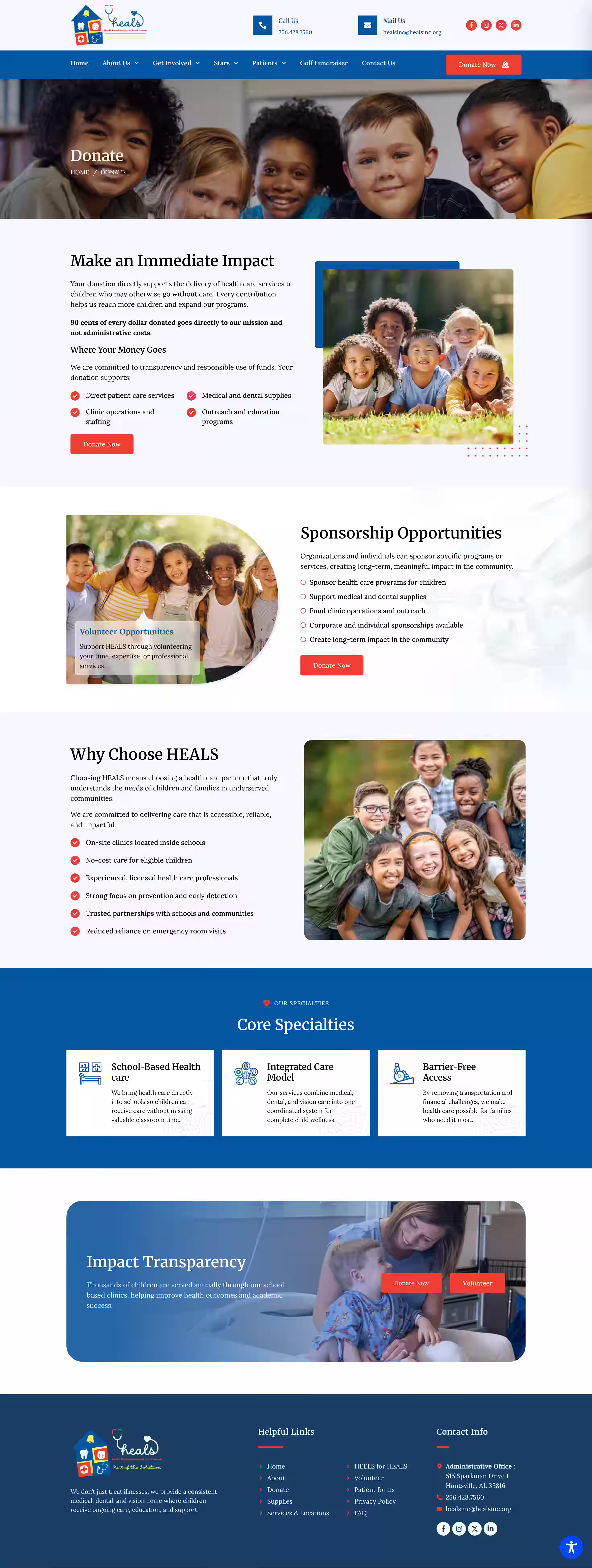 Donate and impact section for school based pediatric care on Heals Inc website