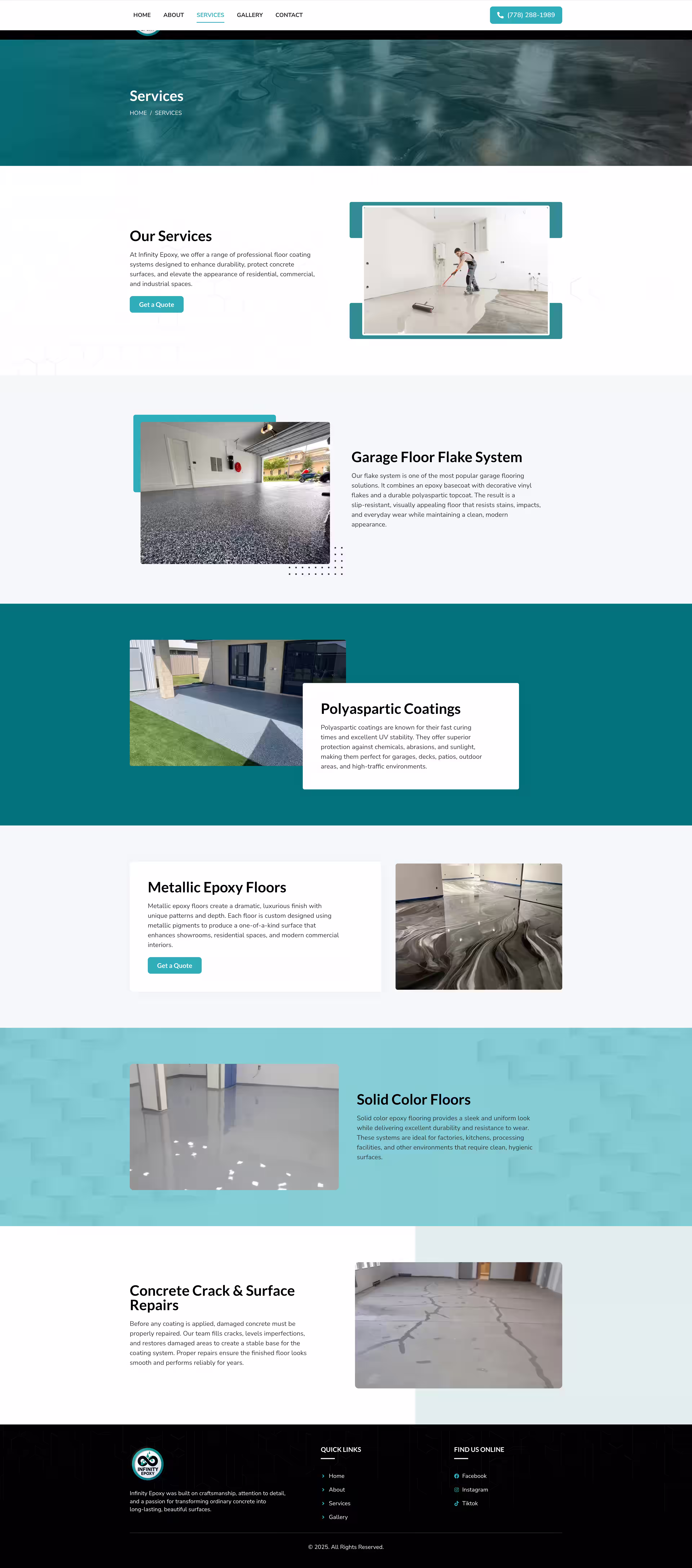 Metallic epoxy flooring service page on Infinity Epoxy WordPress contractor site