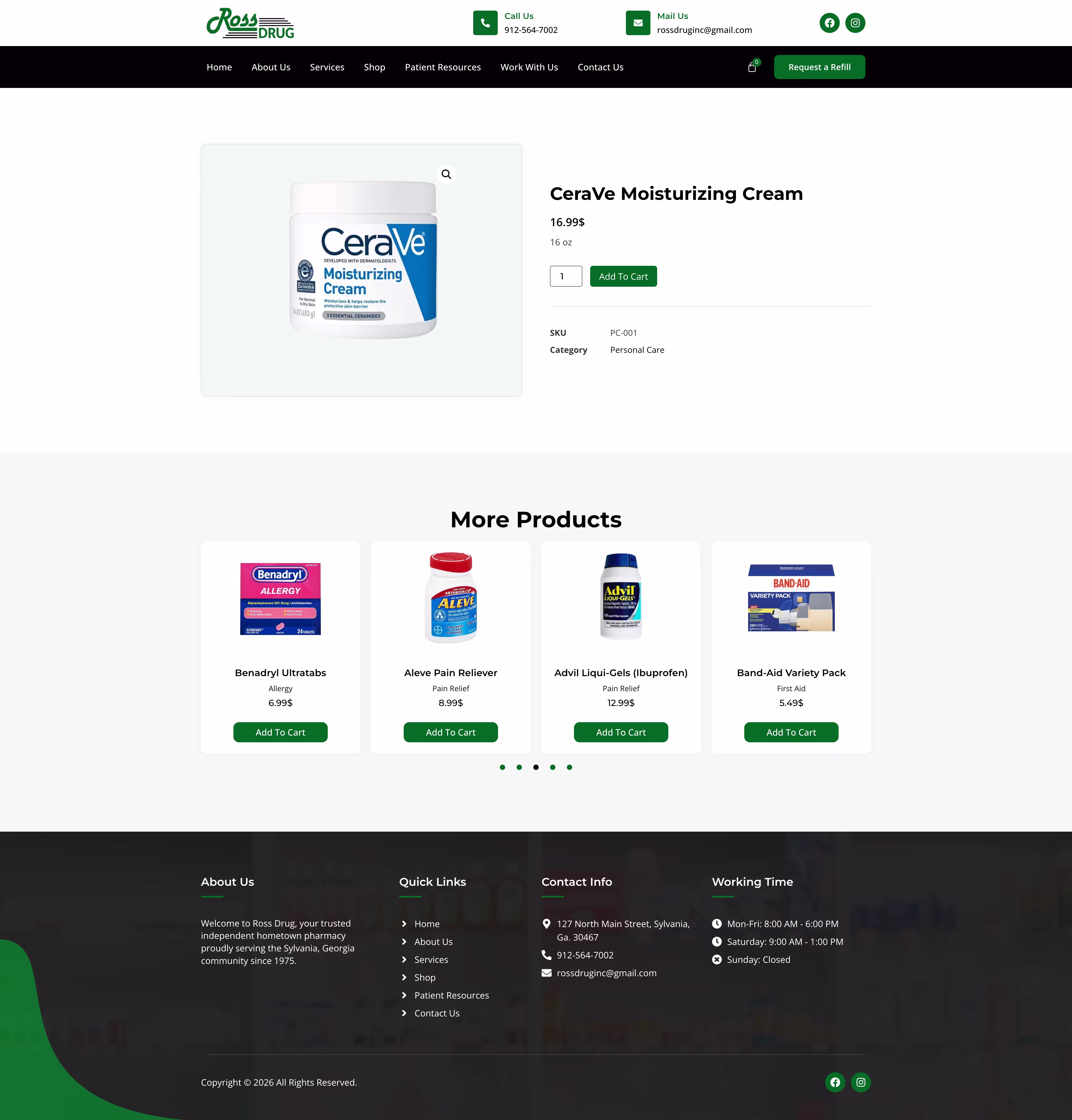 Ross Drug pharmacy website homepage with hometown care messaging shown