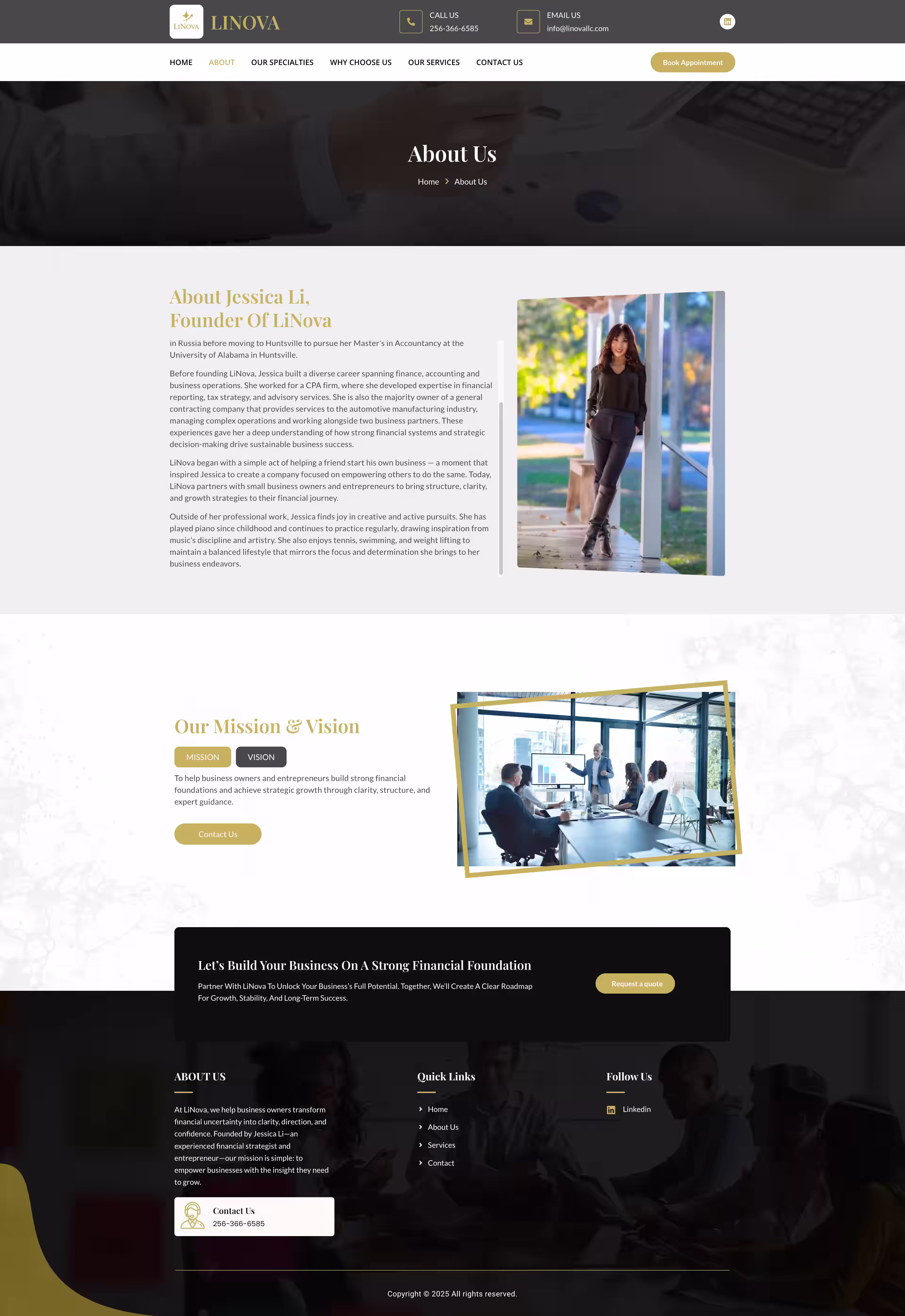 Founder Jessica Li bio and credentials section on Linova consulting website