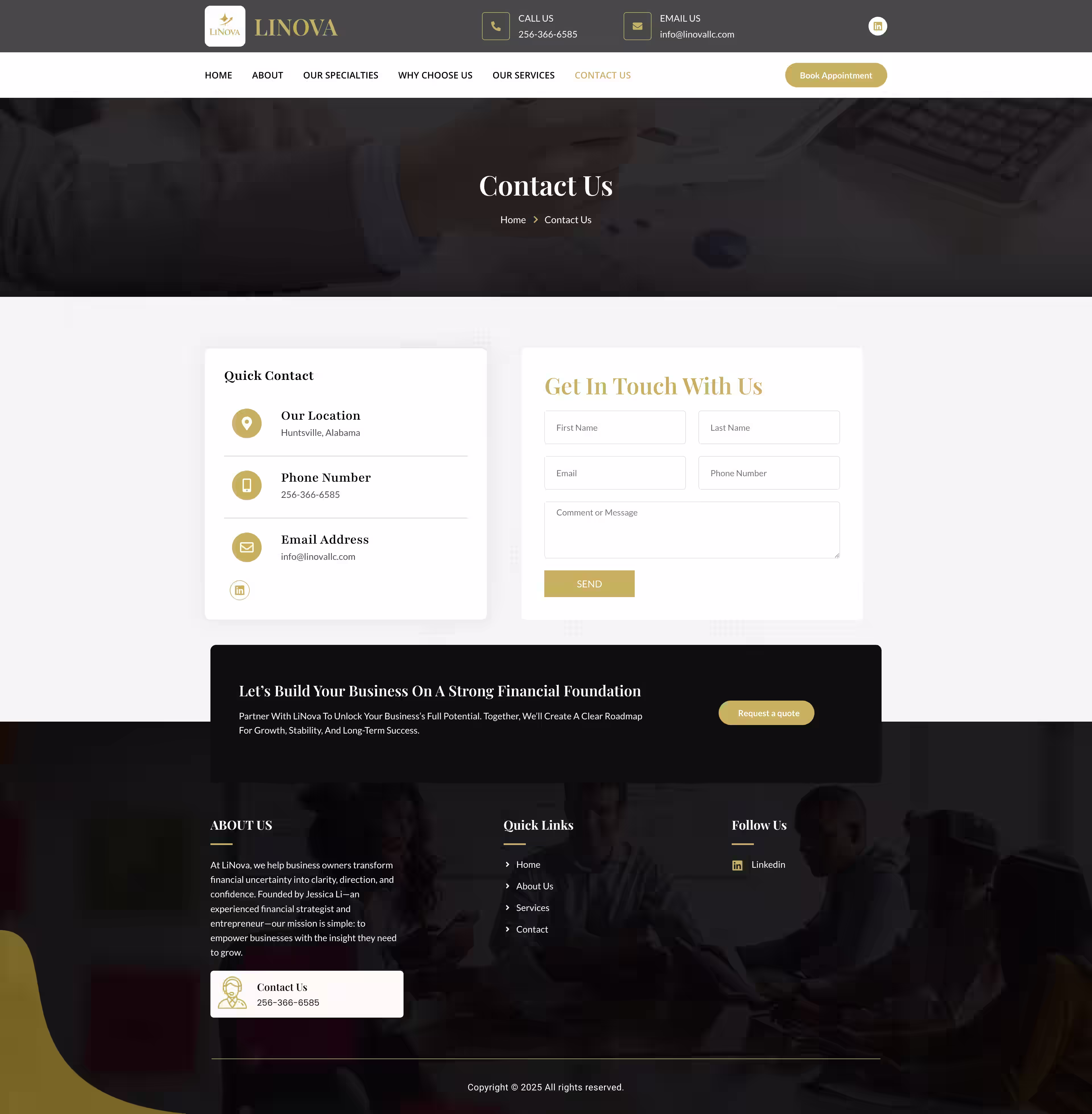 Startup formation and financial setup service page on Linova consulting website