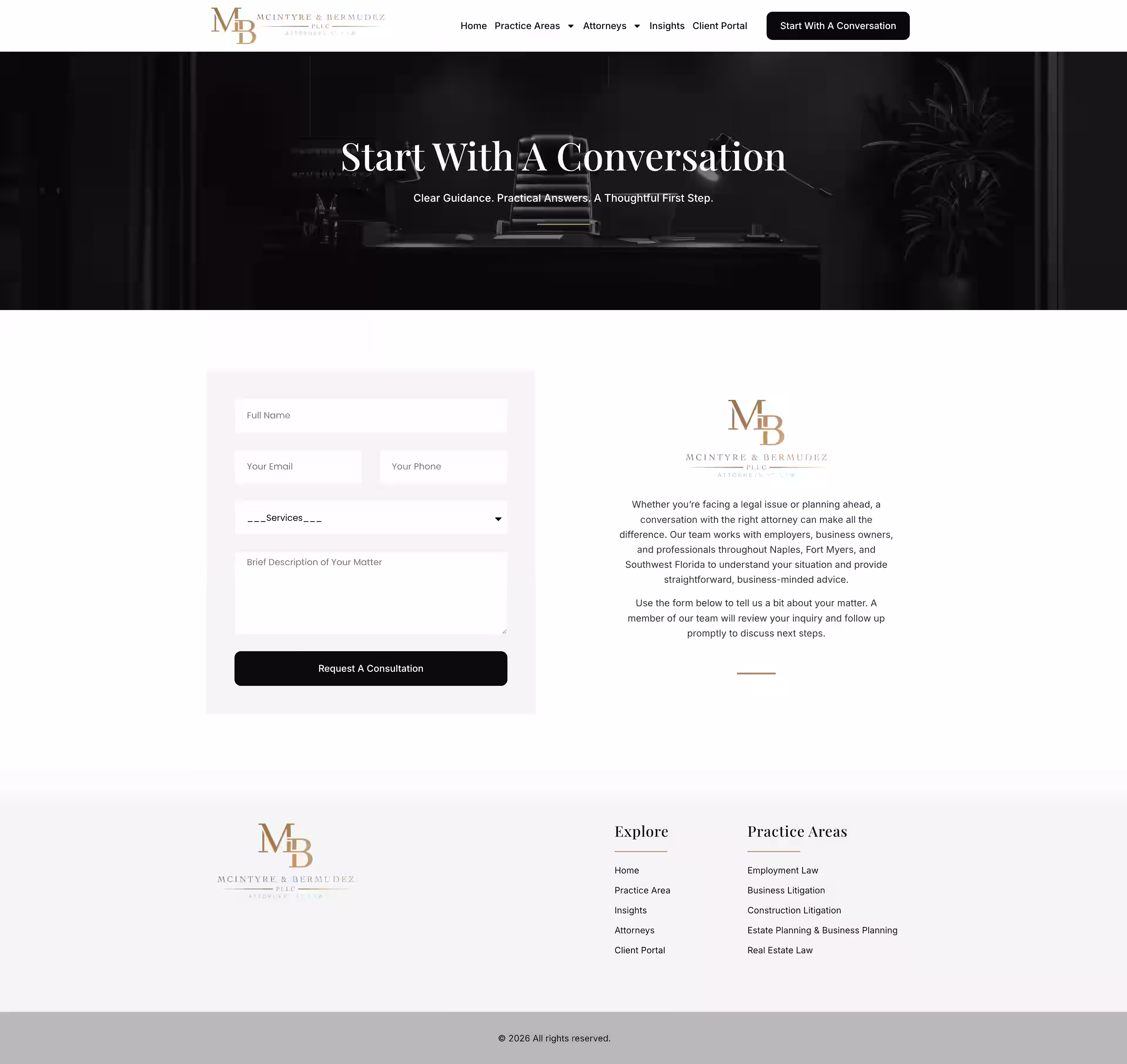 Start With a Conversation consultation enquiry page on the McIntyre Bermudez