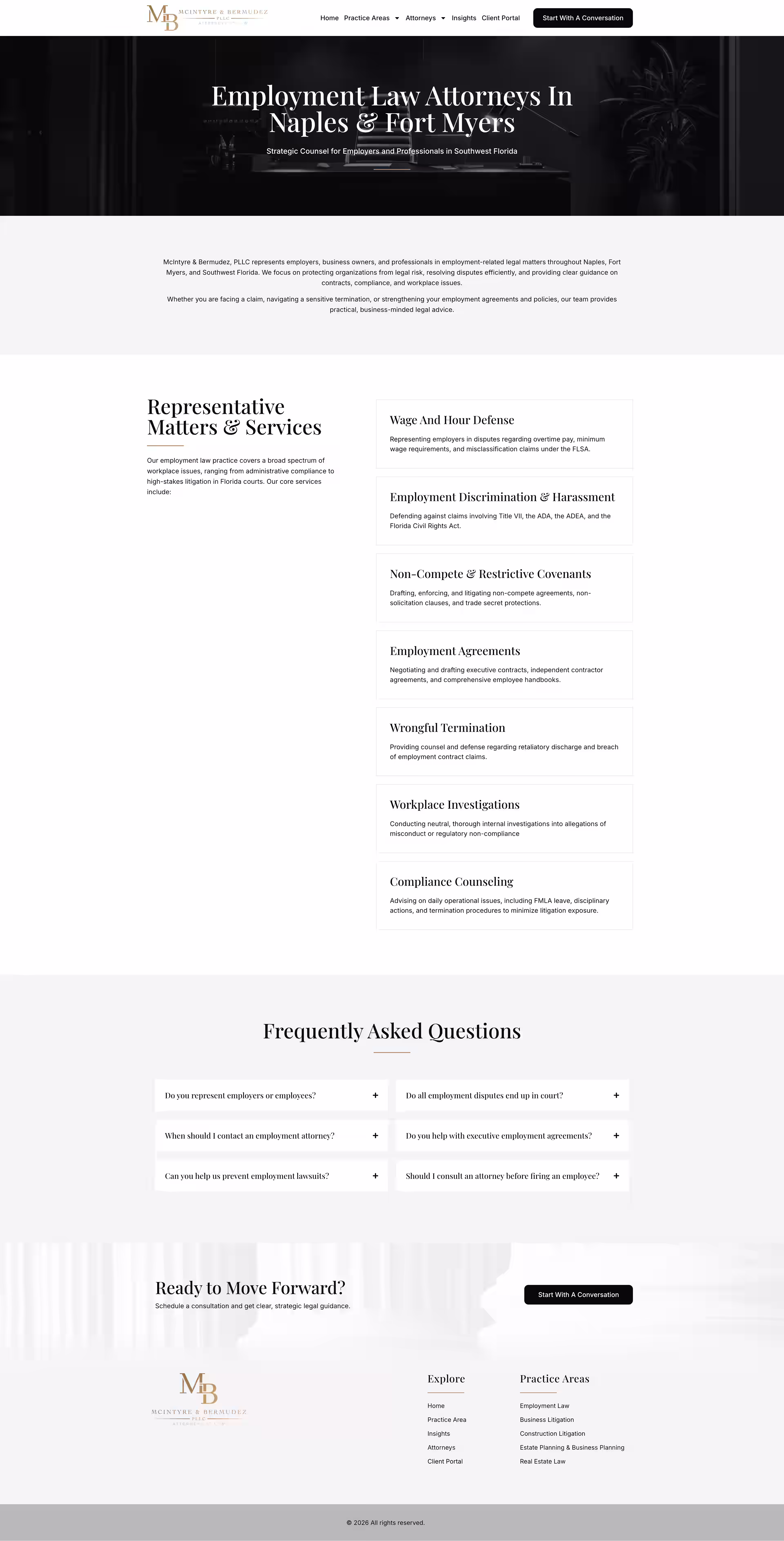 Five practice areas page on McIntyre and Bermudez Florida law firm website