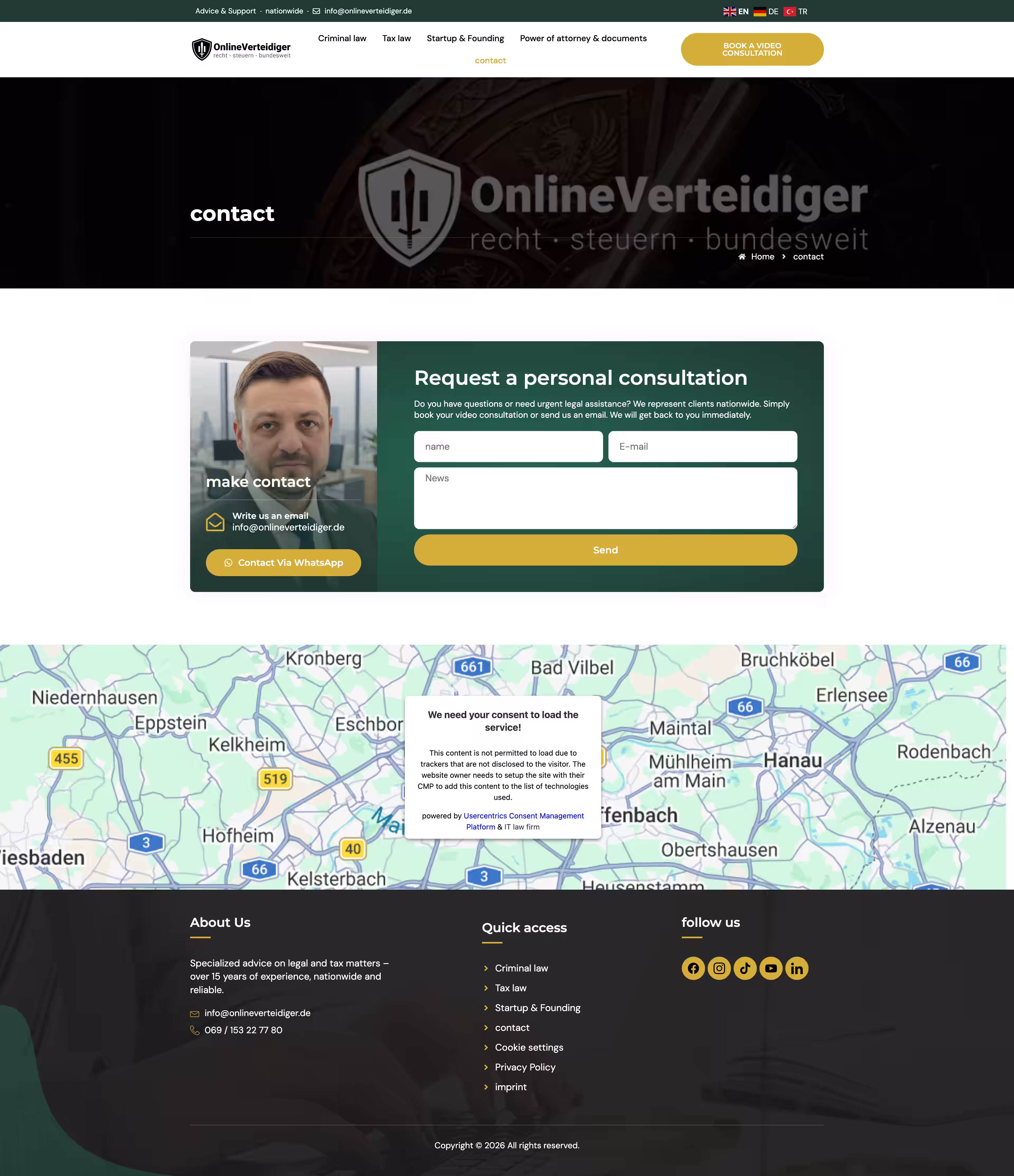 Digital video consultation booking flow on Online Verteidiger Strafrecht site