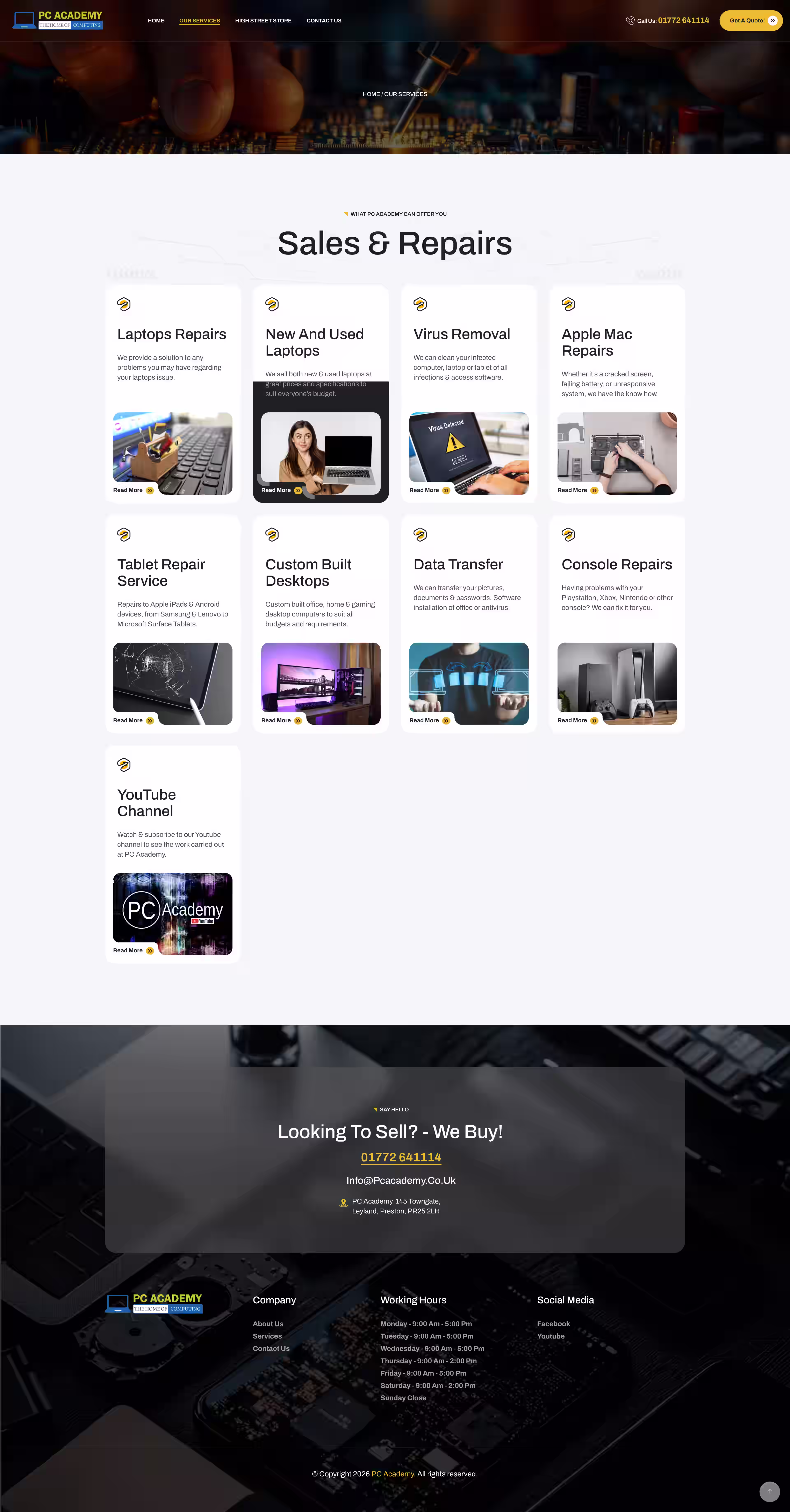 Laptop repairs service page on PC Academy UK computer repair store website