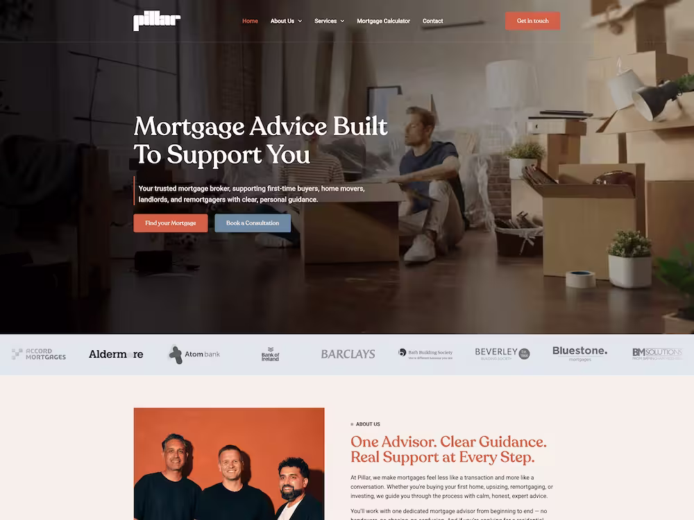 Pillar Finance UK FCA mortgage broker WordPress homepage