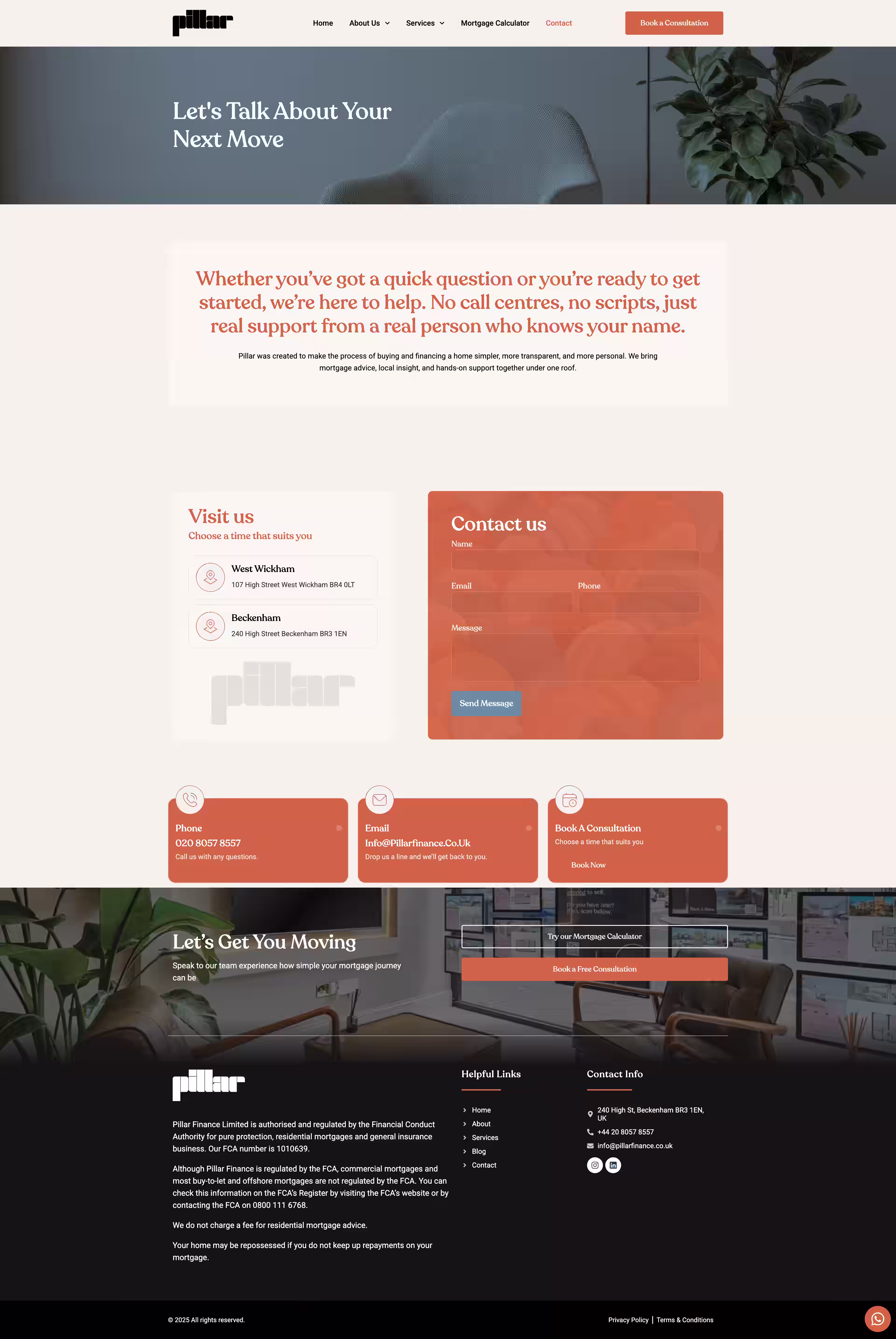 Mortgage calculator page on Pillar Finance UK FCA broker WordPress site view