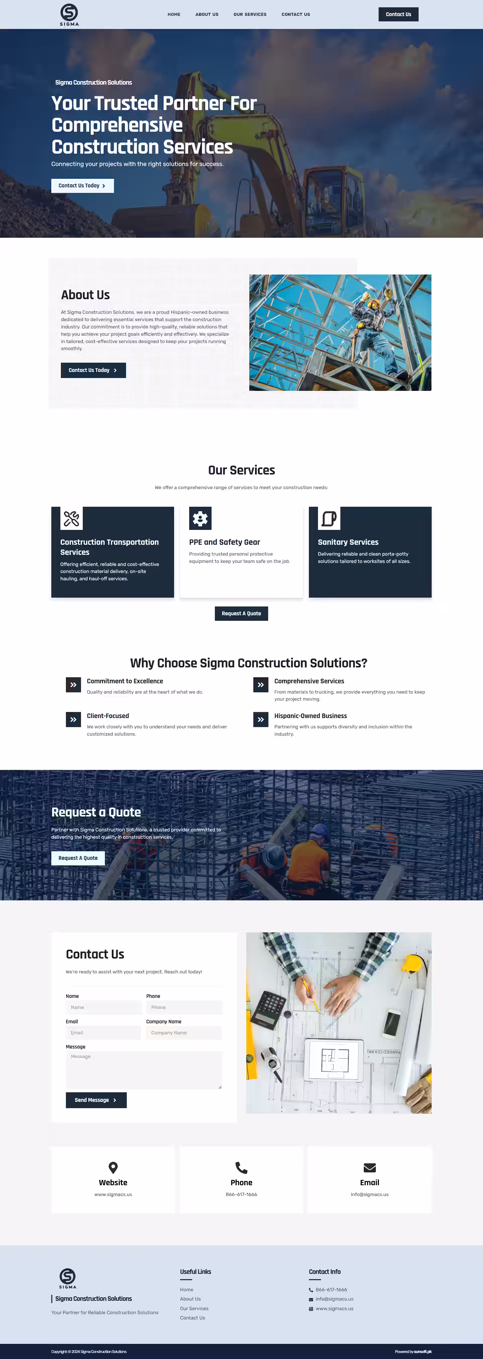 Sigma Construction Solutions transportation service block on landing page
