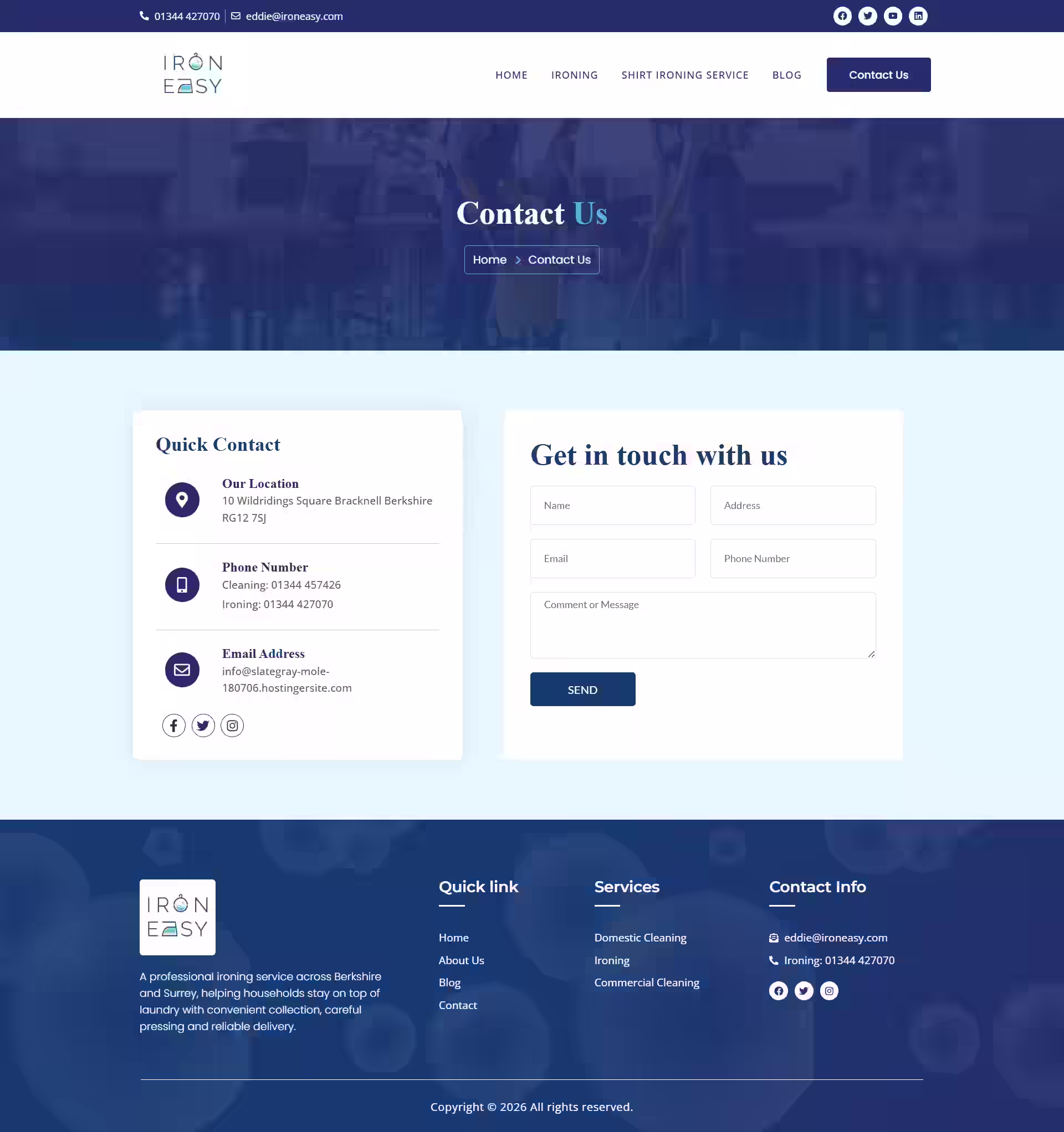 Clean and Iron Easy enquiry form with three service selector options