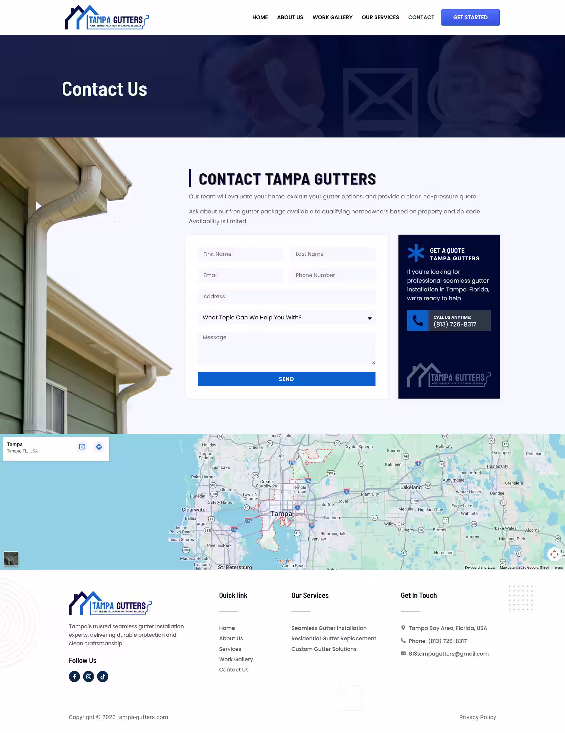 Tampa Gutters sticky contact bar with phone and quote form on mobile view