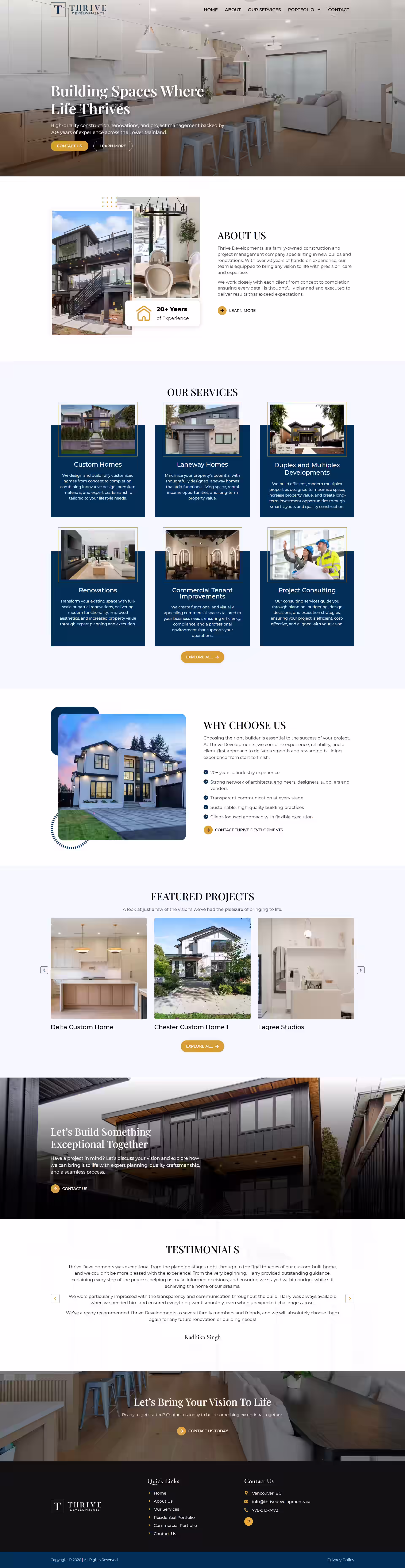 Thrive Developments Vancouver BC family construction company homepage view