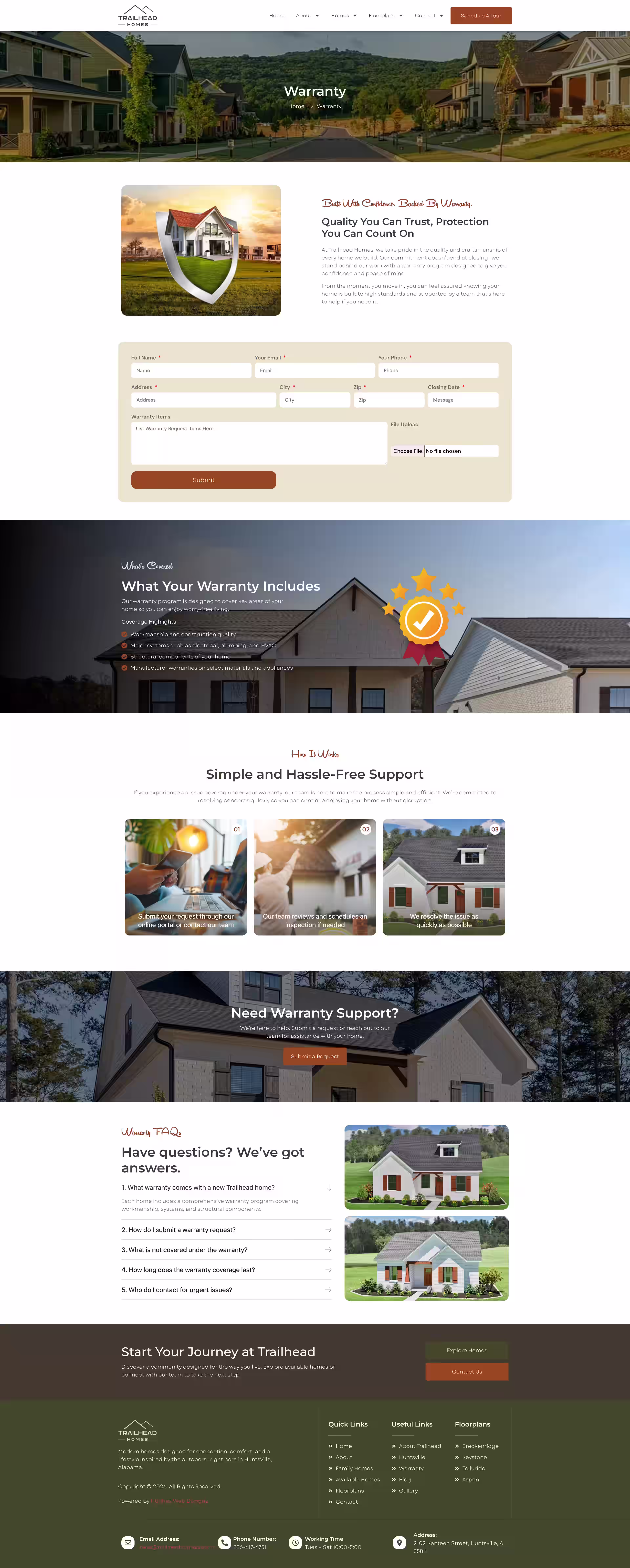 HubSpot Meetings schedule a tour page on Trailhead Homes Huntsville website